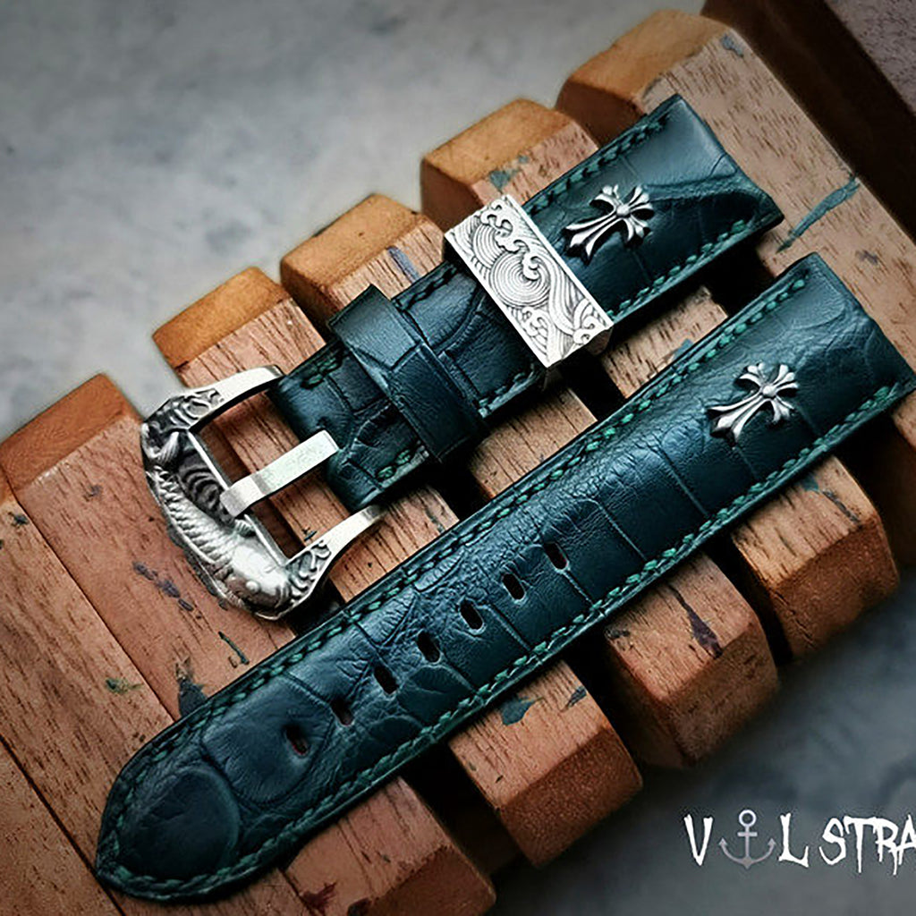 Handmade Custom American Crocodile Leather Watch Strap - Cracked Texture, Satin Finish, Black & Forest Green, Pin Buckle, Sweat-Resistant