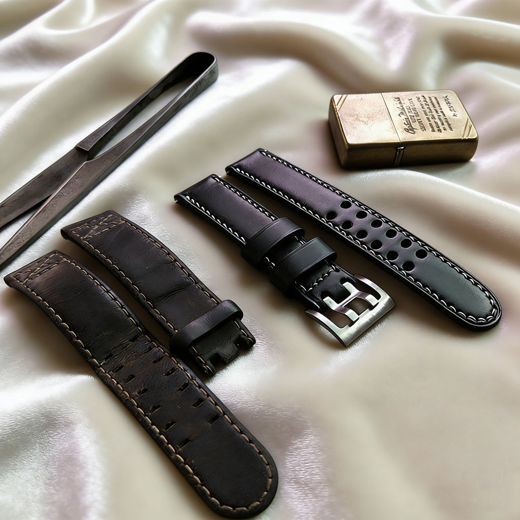 Handmade Custom Italian Black Cowhide Watch Strap, Double Needle & Double Hole Design, Soft and Durable, with Pin Buckle
