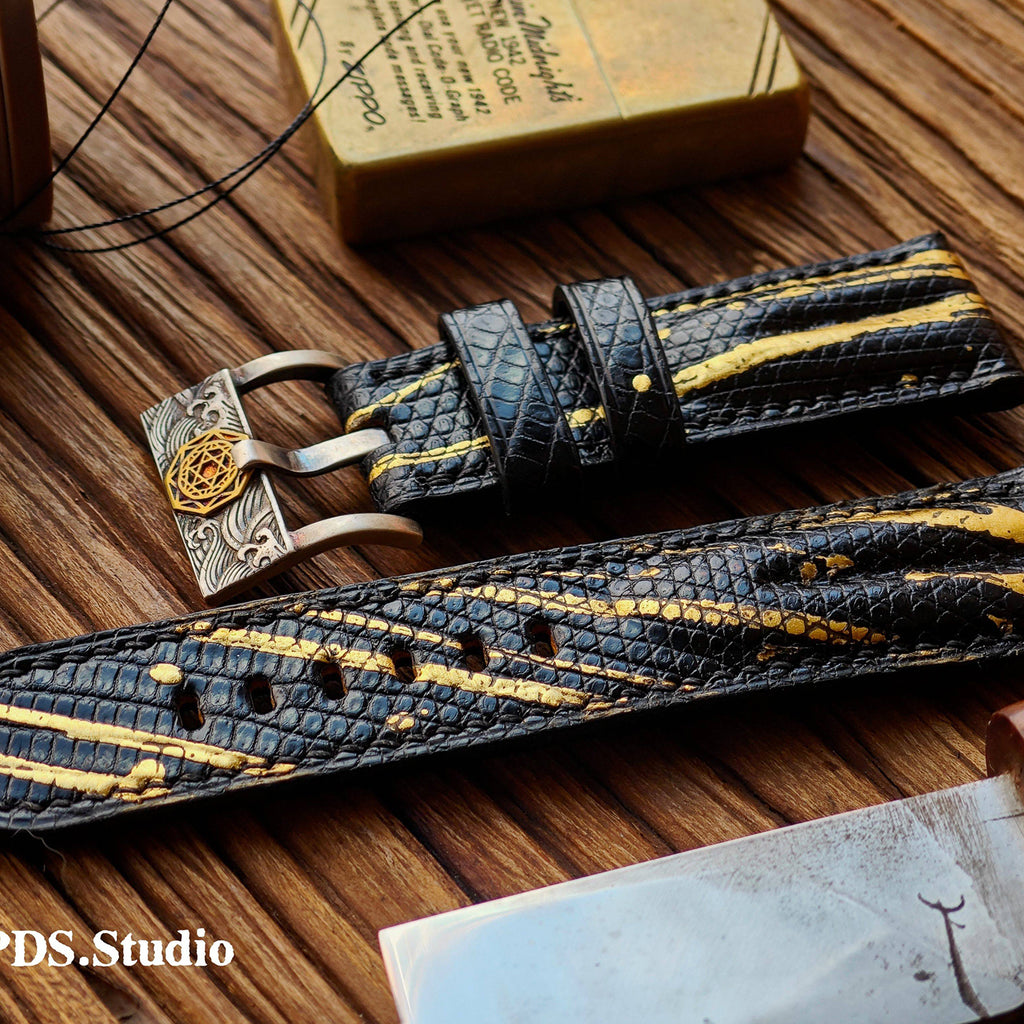 Handmade Custom Spanish Gilt Lizard Skin Watch Strap - Waterproof, Sweat-Resistant, Raised Texture, Black Pin Buckle
