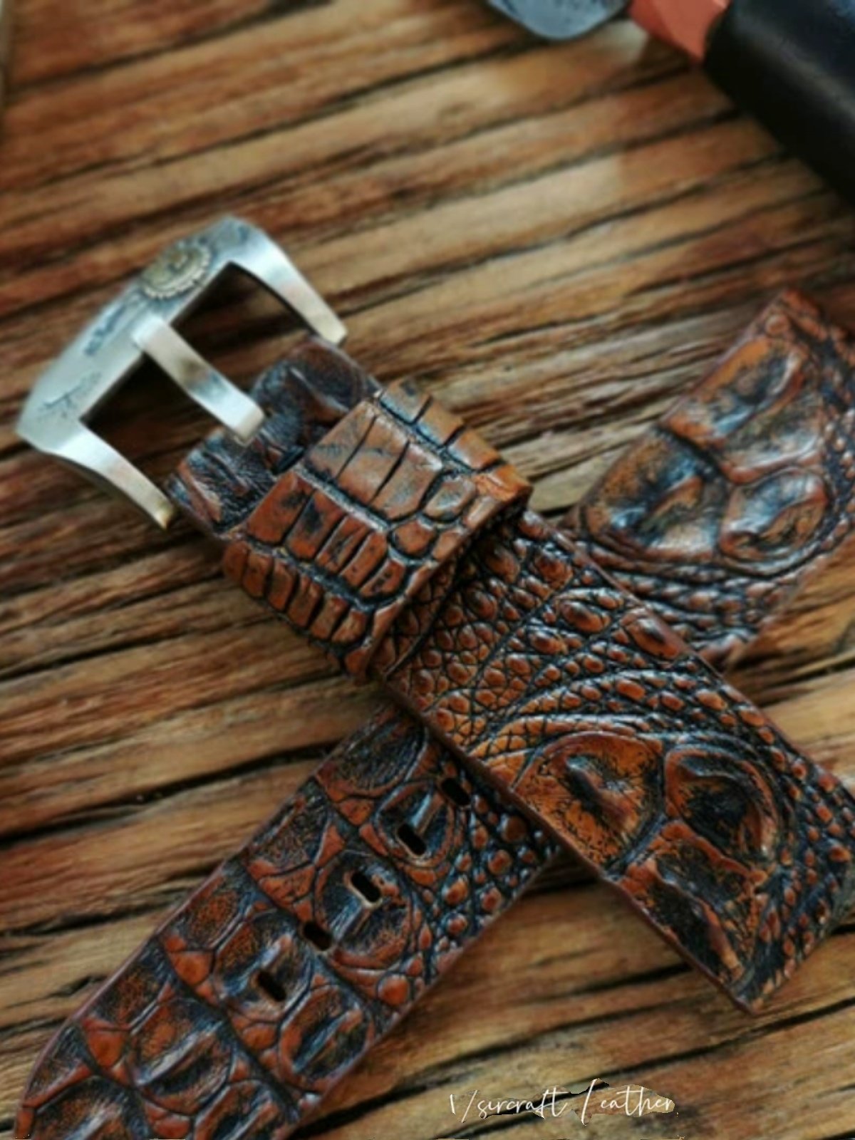 Custom Crocodile Backbone & Tail Leather Watch Strap - Personalized Design, Sweat-Resistant, Premium Pin Buckle