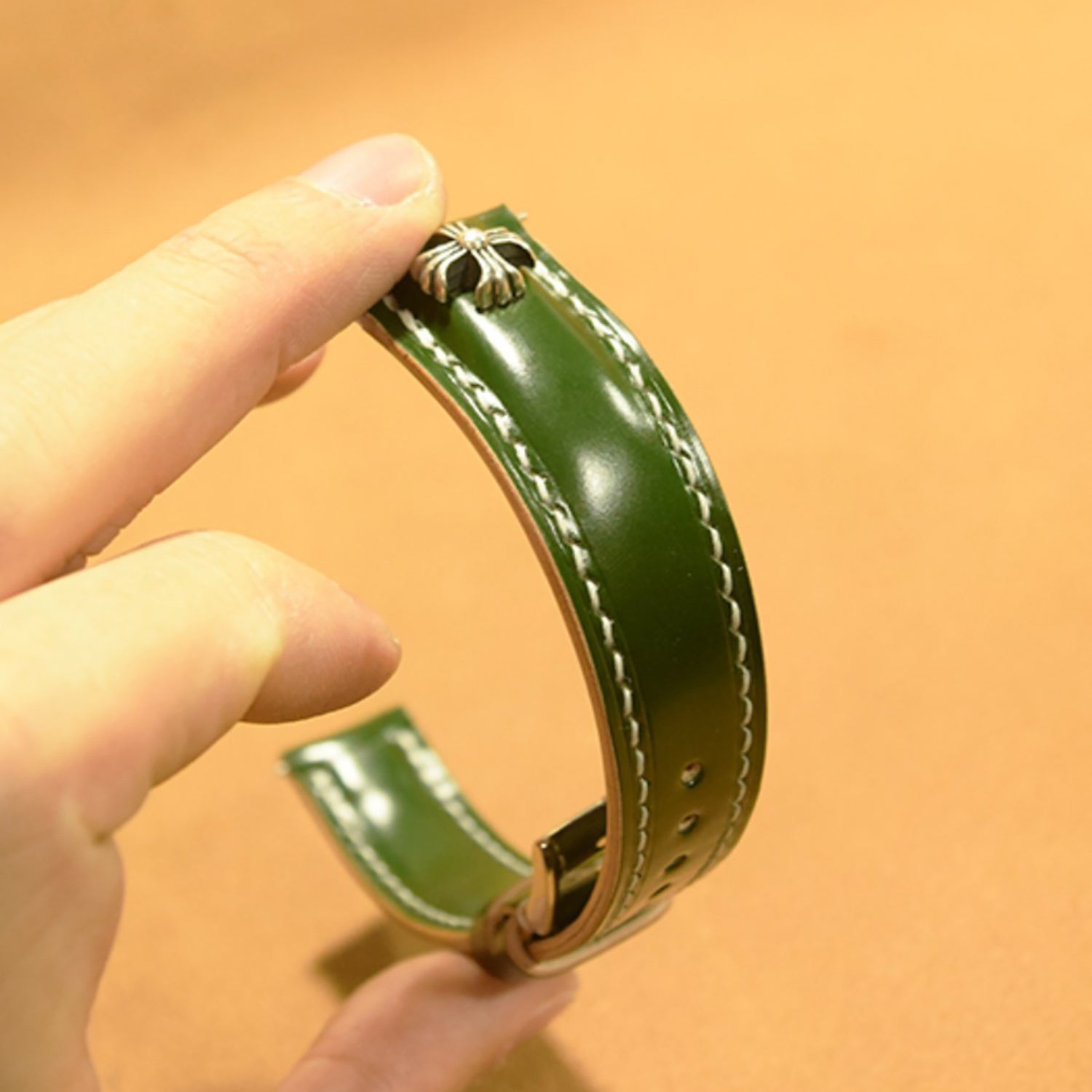 Handmade Custom Green Horsehide Leather Watch Strap with 925 Silver Studs - Vintage & Premium Style for "Green Water Ghost" Watch