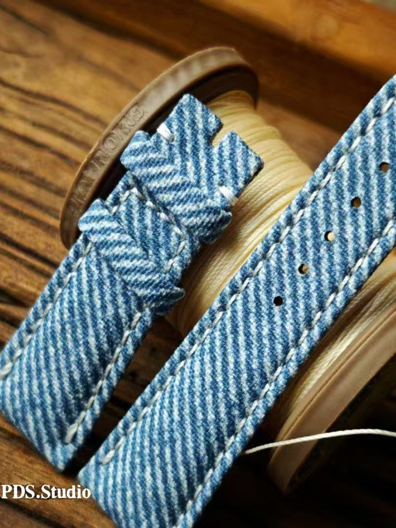 Handcrafted Custom Watch Strap - Imported Blue Denim & PP French Calf Leather, Minimalist Pin Buckle