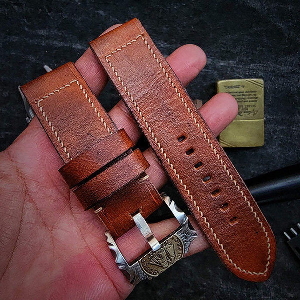 Handcrafted Custom Watch Strap - Vintage Battle-Worn American Style, Red-Brown Cowhide, Thickened, Soft & Durable, Pin Buckle
