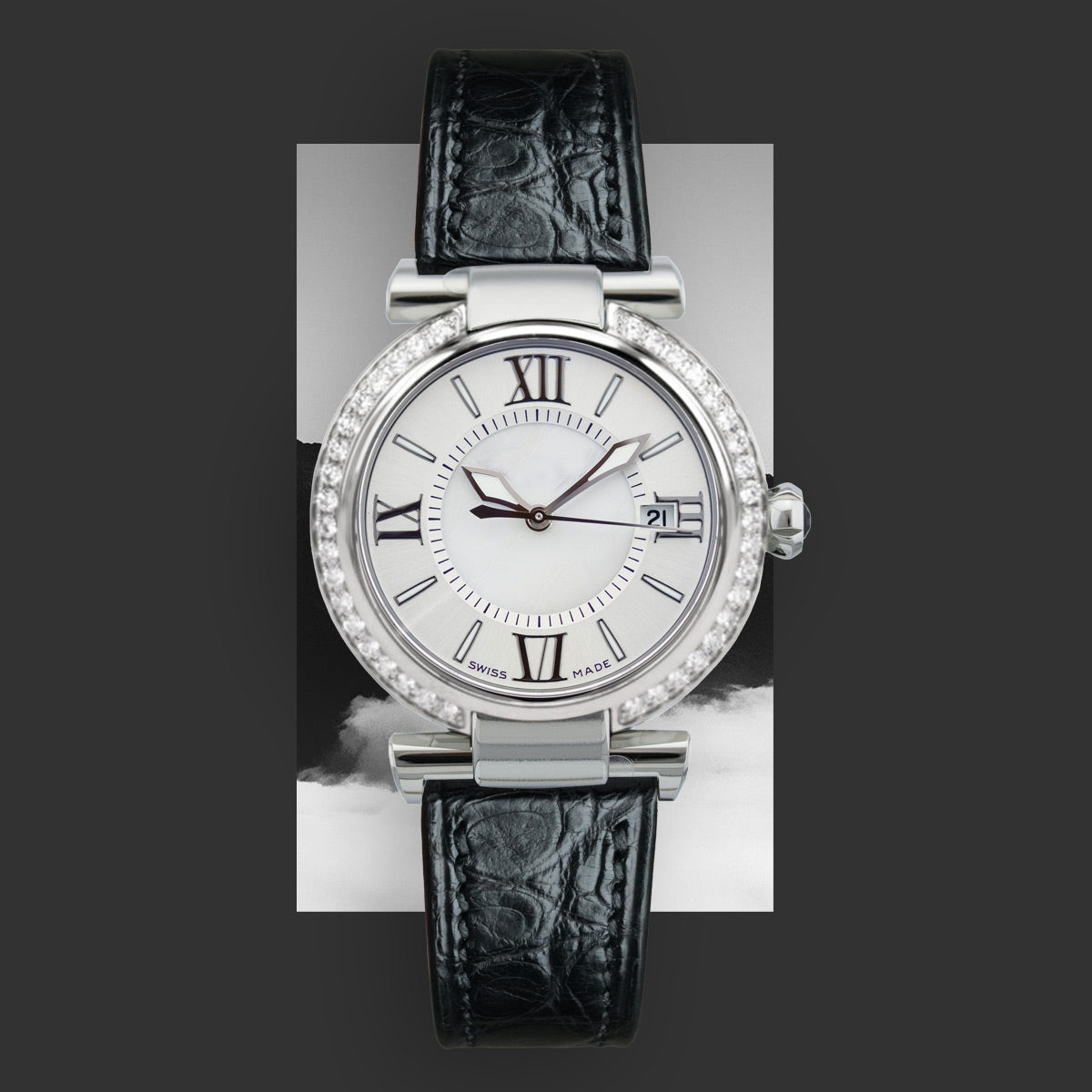 Fits Chopard Imperiale watch strap, black ALLIGATOR leather with circular grain