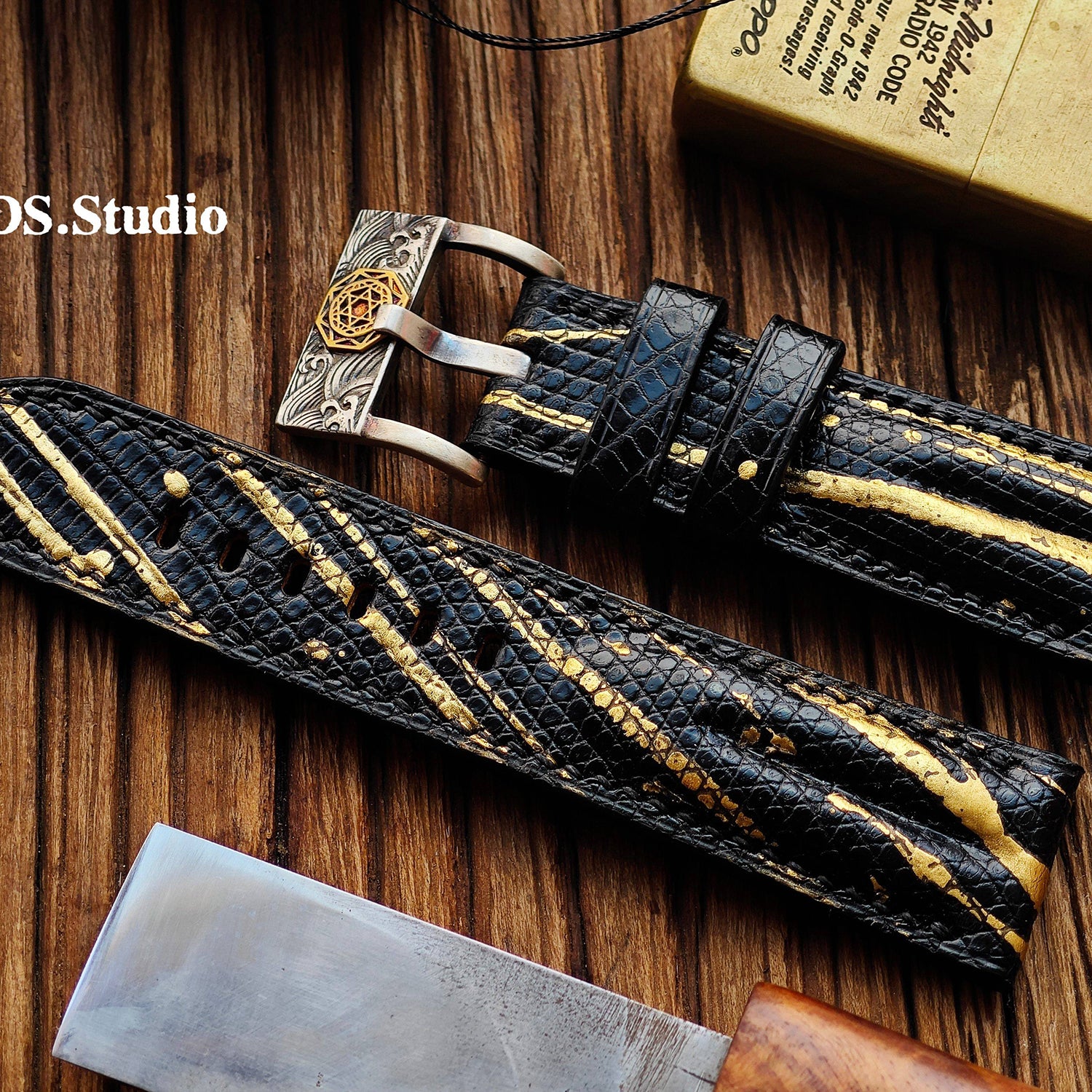 Handmade Custom Spanish Gilt Lizard Skin Watch Strap - Waterproof, Sweat-Resistant, Raised Texture, Black Pin Buckle