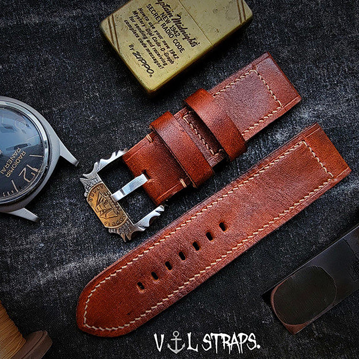 Handcrafted Custom Watch Strap - Vintage Battle-Worn American Style, Red-Brown Cowhide, Thickened, Soft & Durable, Pin Buckle