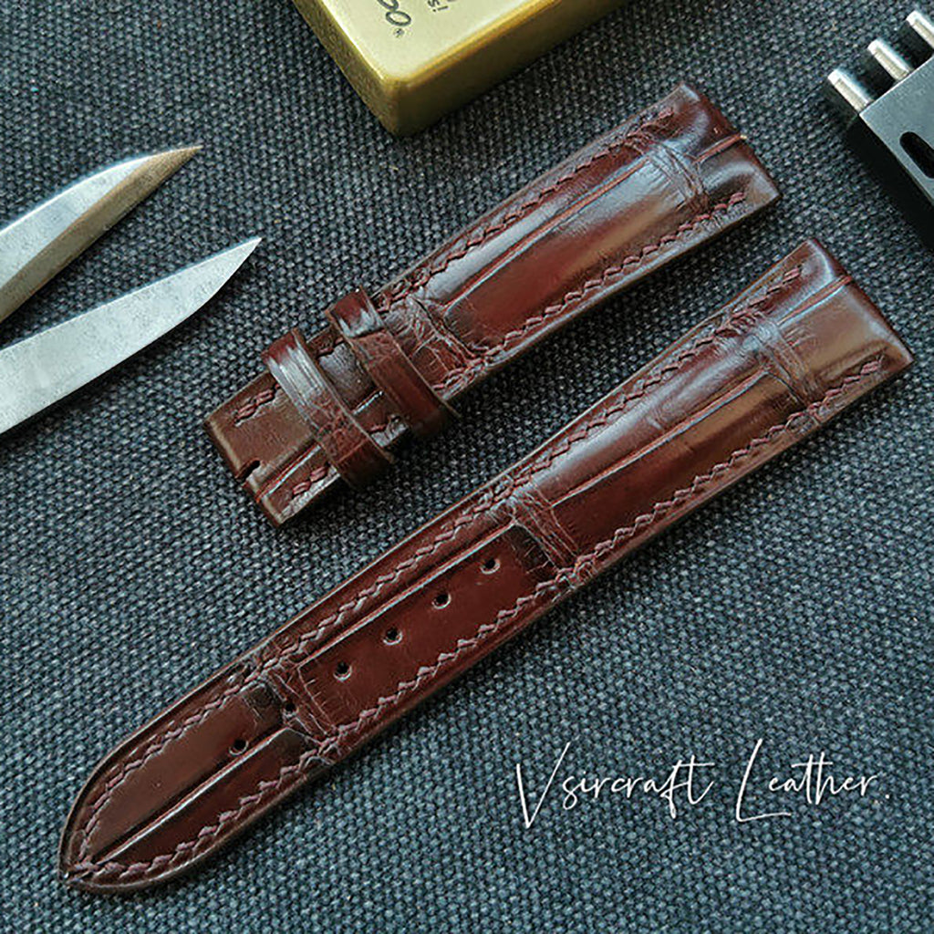 Handmade American Alligator Leather Watch Strap - Customized, Medium Gloss, Black & Brown, Pin Buckle, Sweat-Resistant