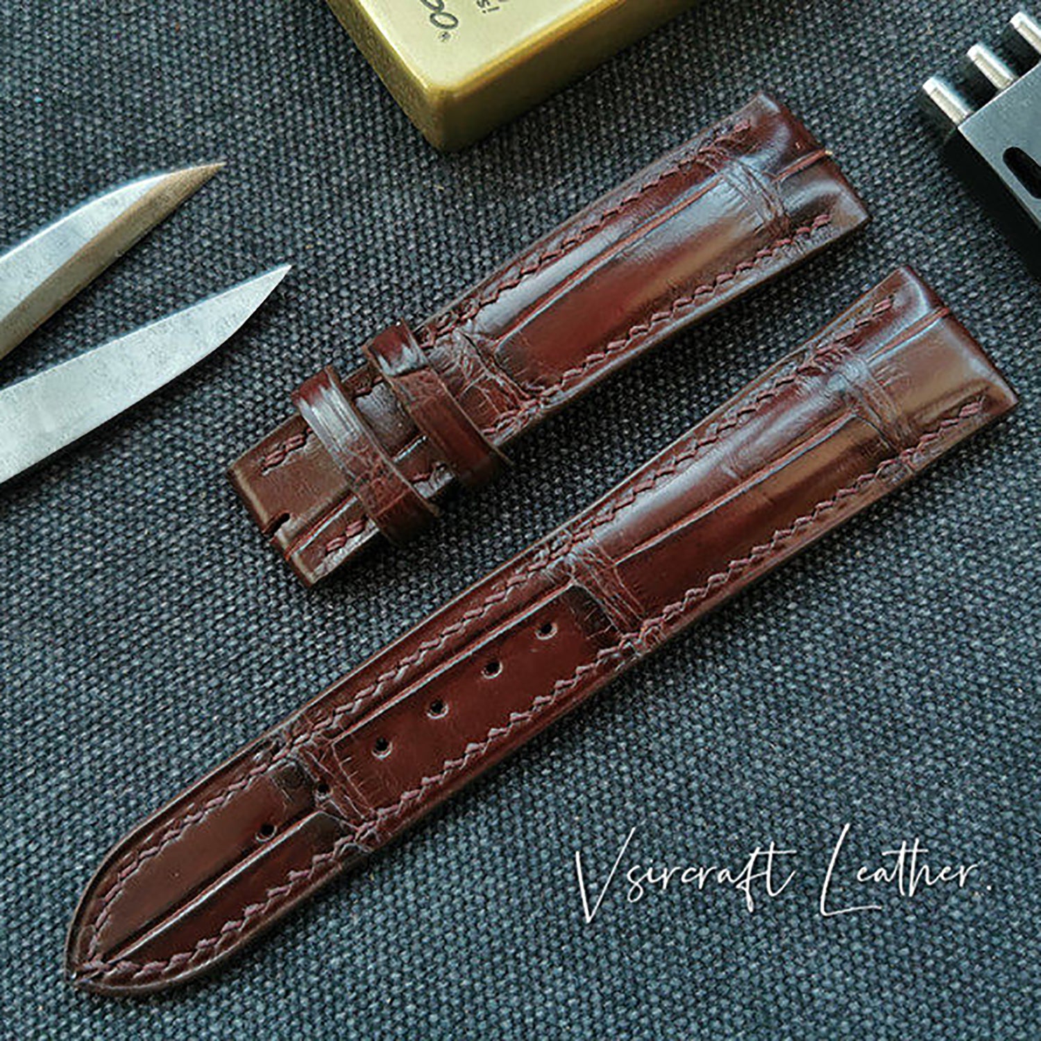 Handmade American Alligator Leather Watch Strap - Customized, Medium Gloss, Black & Brown, Pin Buckle, Sweat-Resistant