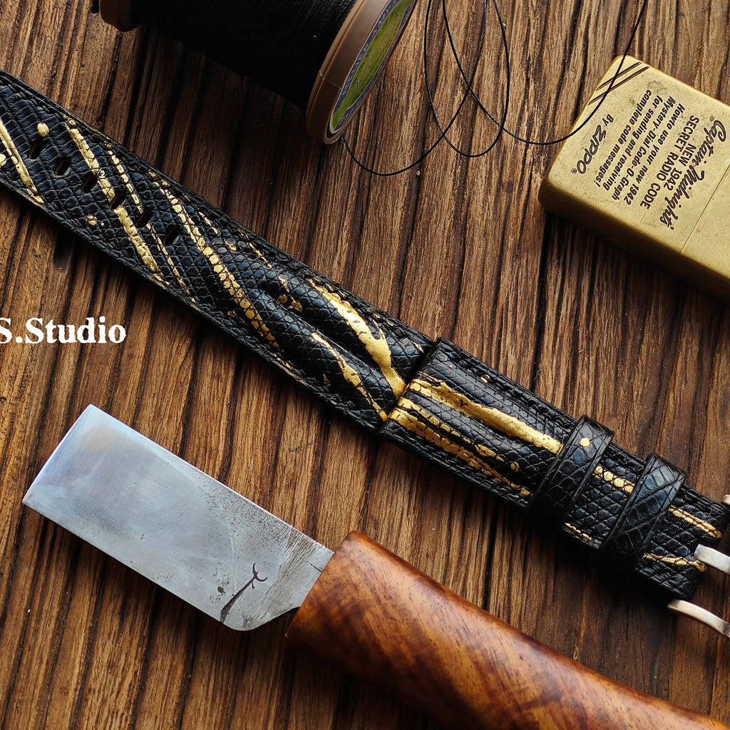 Handmade Custom Spanish Gilt Lizard Skin Watch Strap - Waterproof, Sweat-Resistant, Raised Texture, Black Pin Buckle