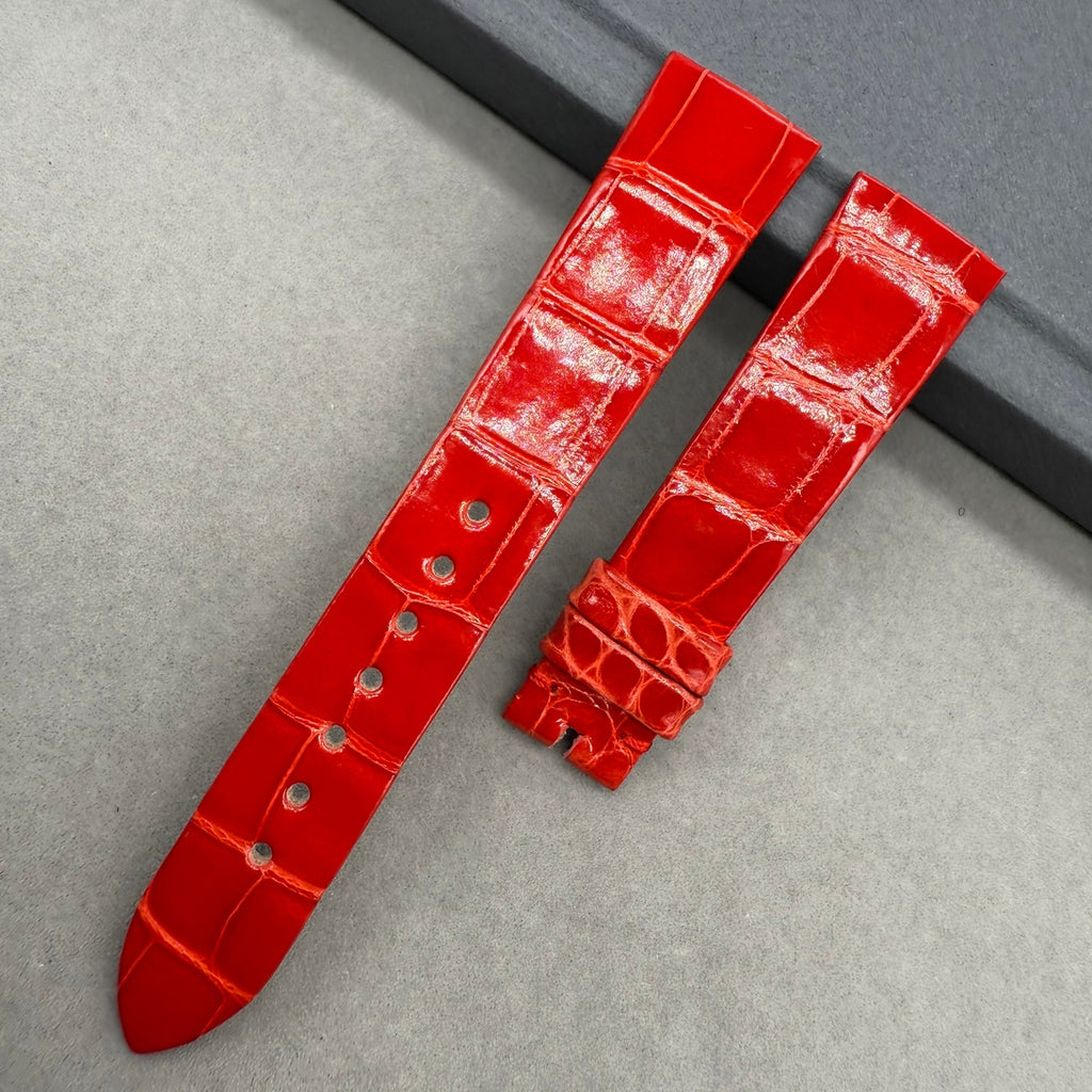 Custom Handcrafted Shiny Red Alligator Leather Watch Strap for Bvlgari LVCEA 103478