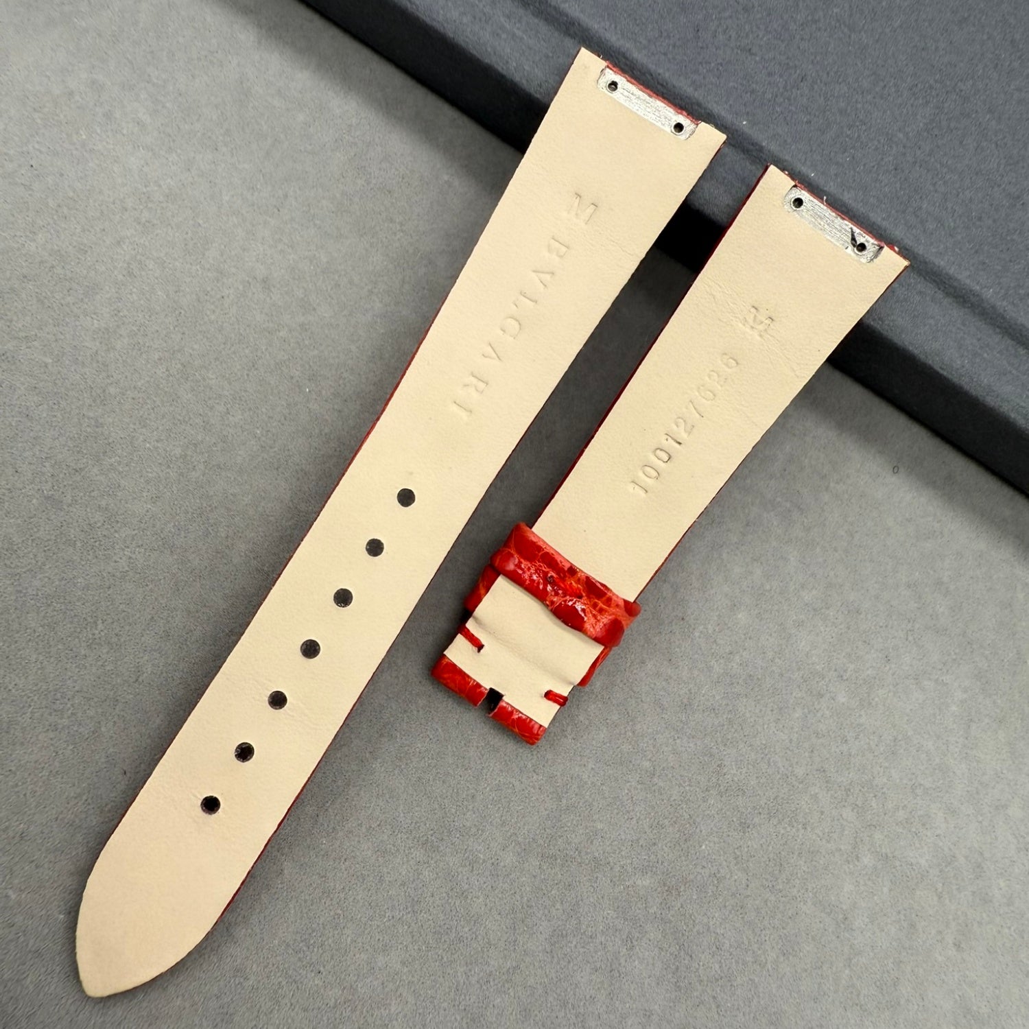 Custom Handcrafted Shiny Red Alligator Leather Watch Strap for Bvlgari LVCEA 103478