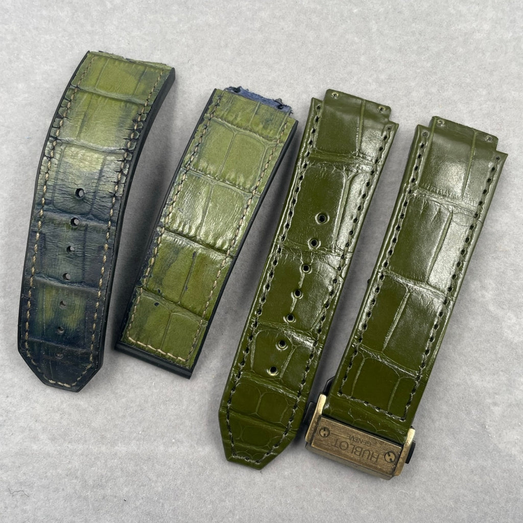 Compatible with Hublot Big Bang Classic Fusion 501/521 Olive Green ALLIGATOR Leather Folding Genuine Leather Strap