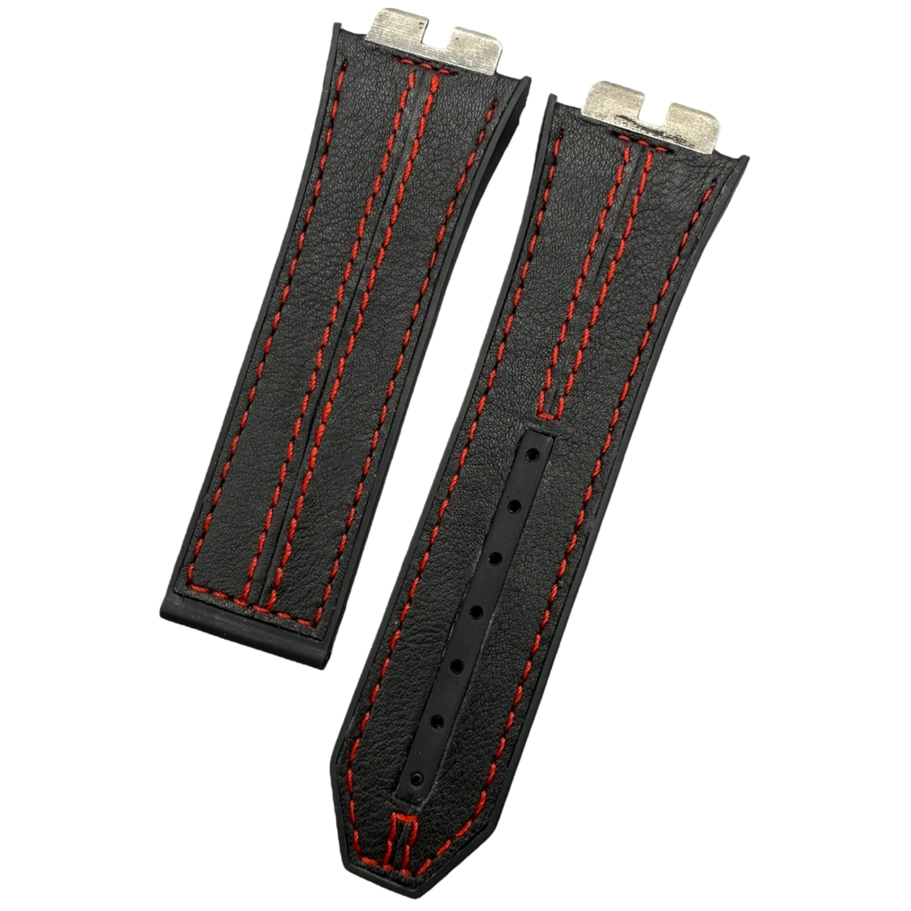 Handcrafted Custom Strap for Hublot 411 - Black Plain Cowhide with Red Hand-Sewn Rubber Inlay