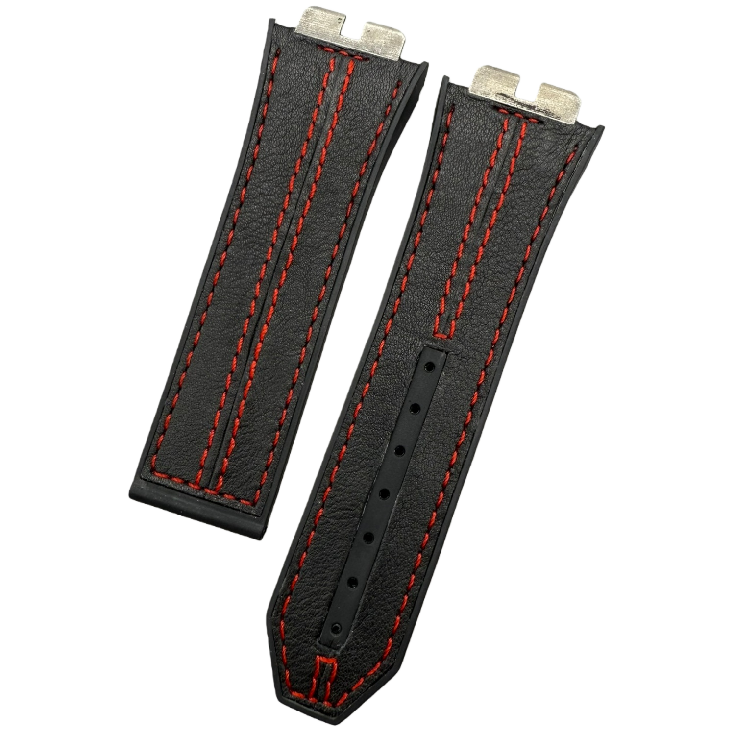 Handcrafted Custom Strap for Hublot 411 - Black Plain Cowhide with Red Hand-Sewn Rubber Inlay