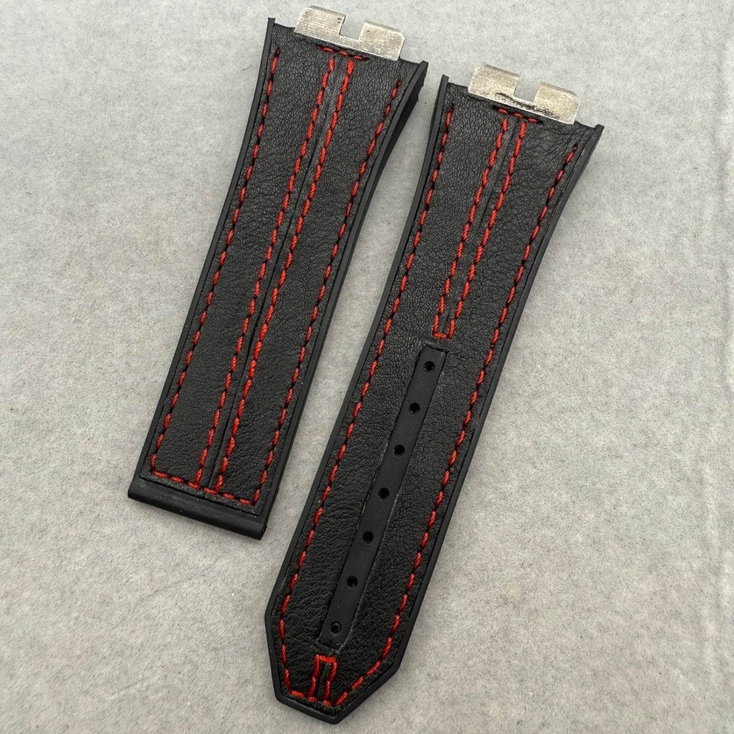 Handcrafted Custom Strap for Hublot 411 - Black Plain Cowhide with Red Hand-Sewn Rubber Inlay