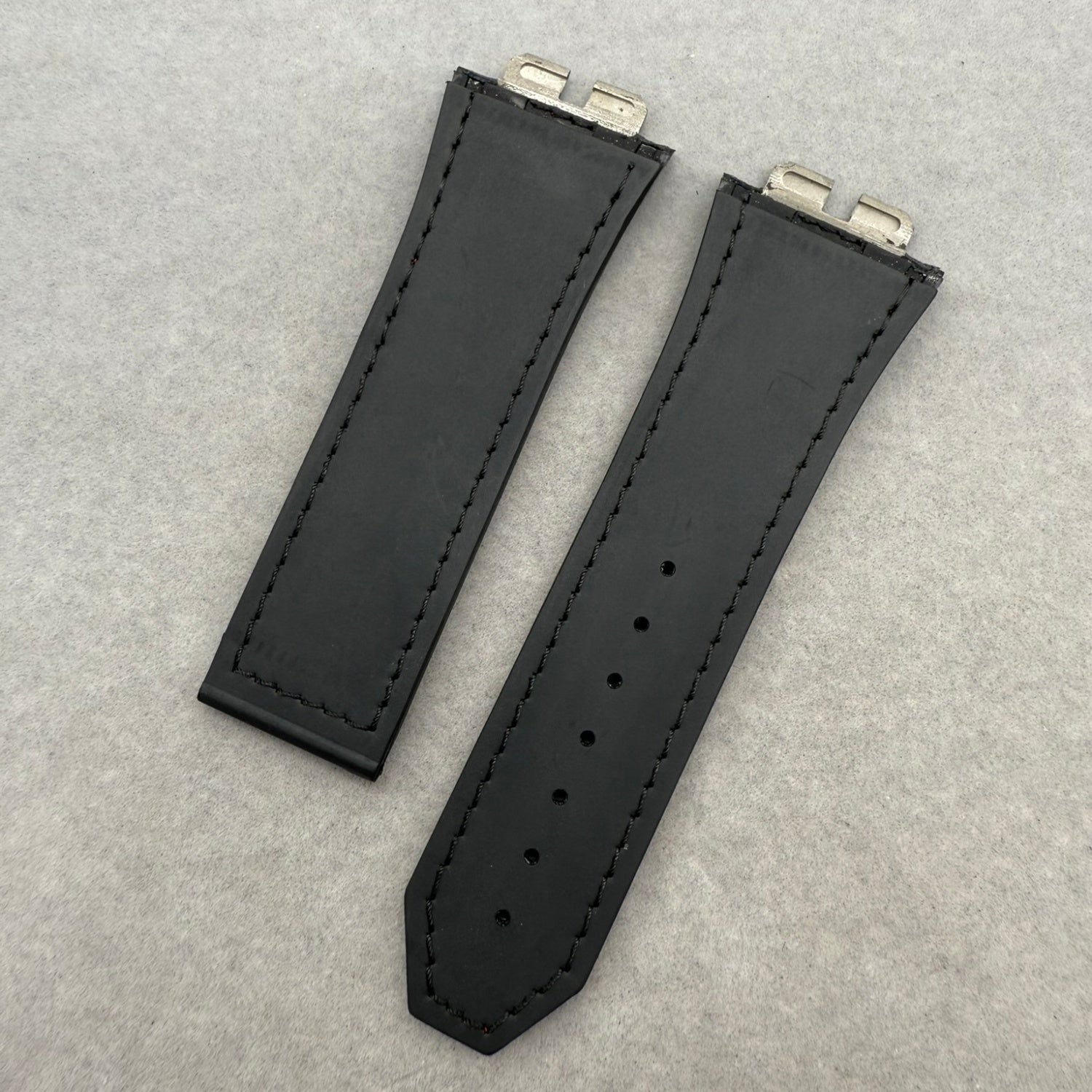 Handcrafted Custom Strap for Hublot 411 - Black Plain Cowhide with Red Hand-Sewn Rubber Inlay