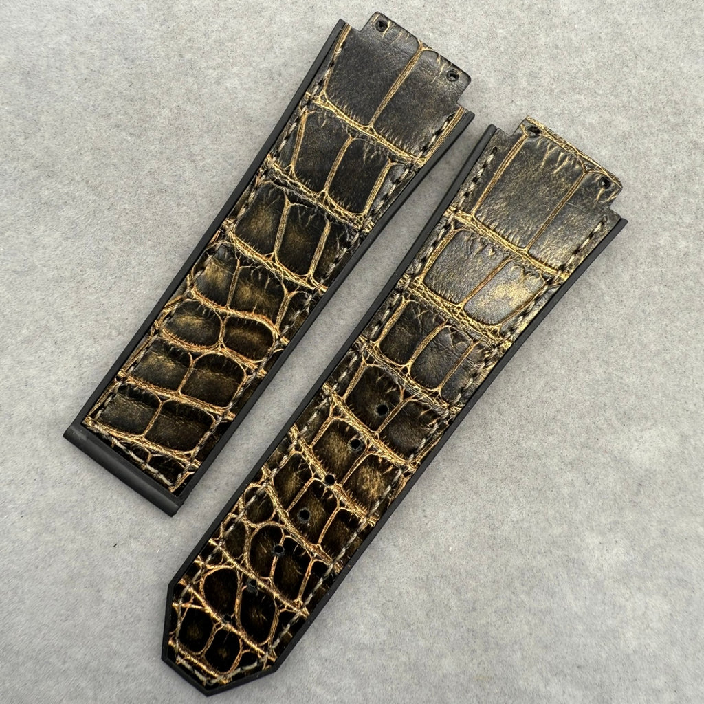 Handcrafted Custom Leather Watch Strap for Hublot 521 - Black & Gold ALLIGATOR Inlay on Fluororubber