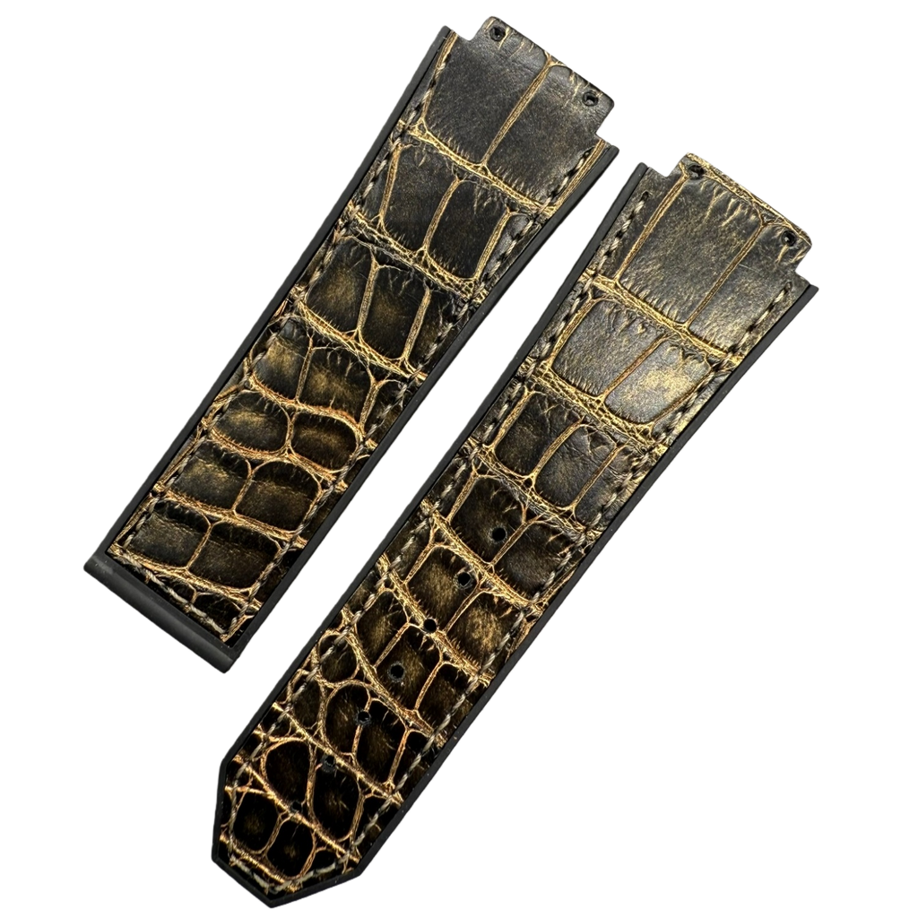 Handcrafted Custom Leather Watch Strap for Hublot 521 - Black & Gold ALLIGATOR Inlay on Fluororubber