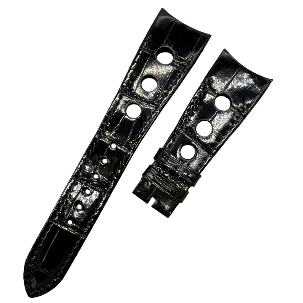 Alligator Leather Watch Strap for Tudor 20550N Series - Handmade Custom Polished Black Perforated Genuine Alligator Leather Strap