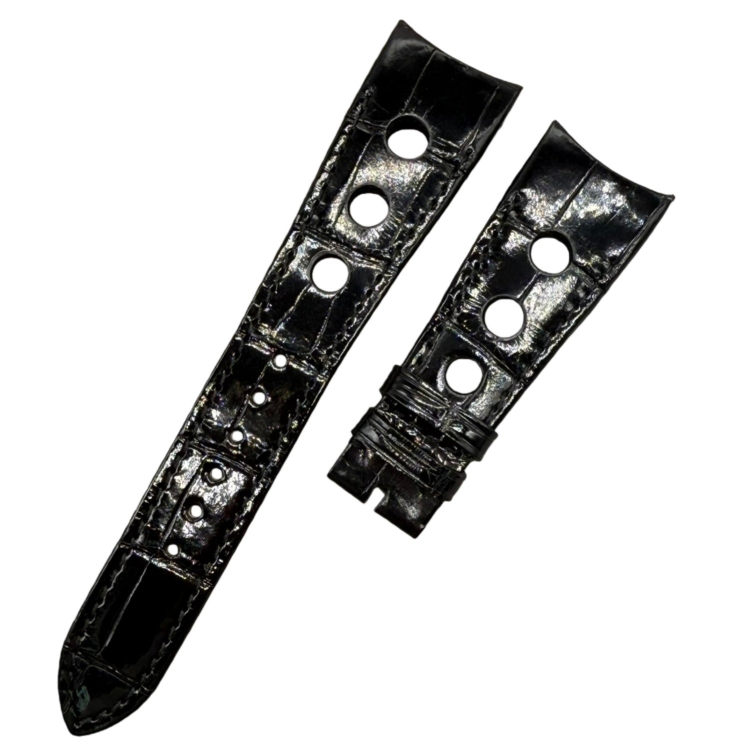 Alligator Leather Watch Strap for Tudor 20550N Series - Handmade Custom Polished Black Perforated Genuine Alligator Leather Strap