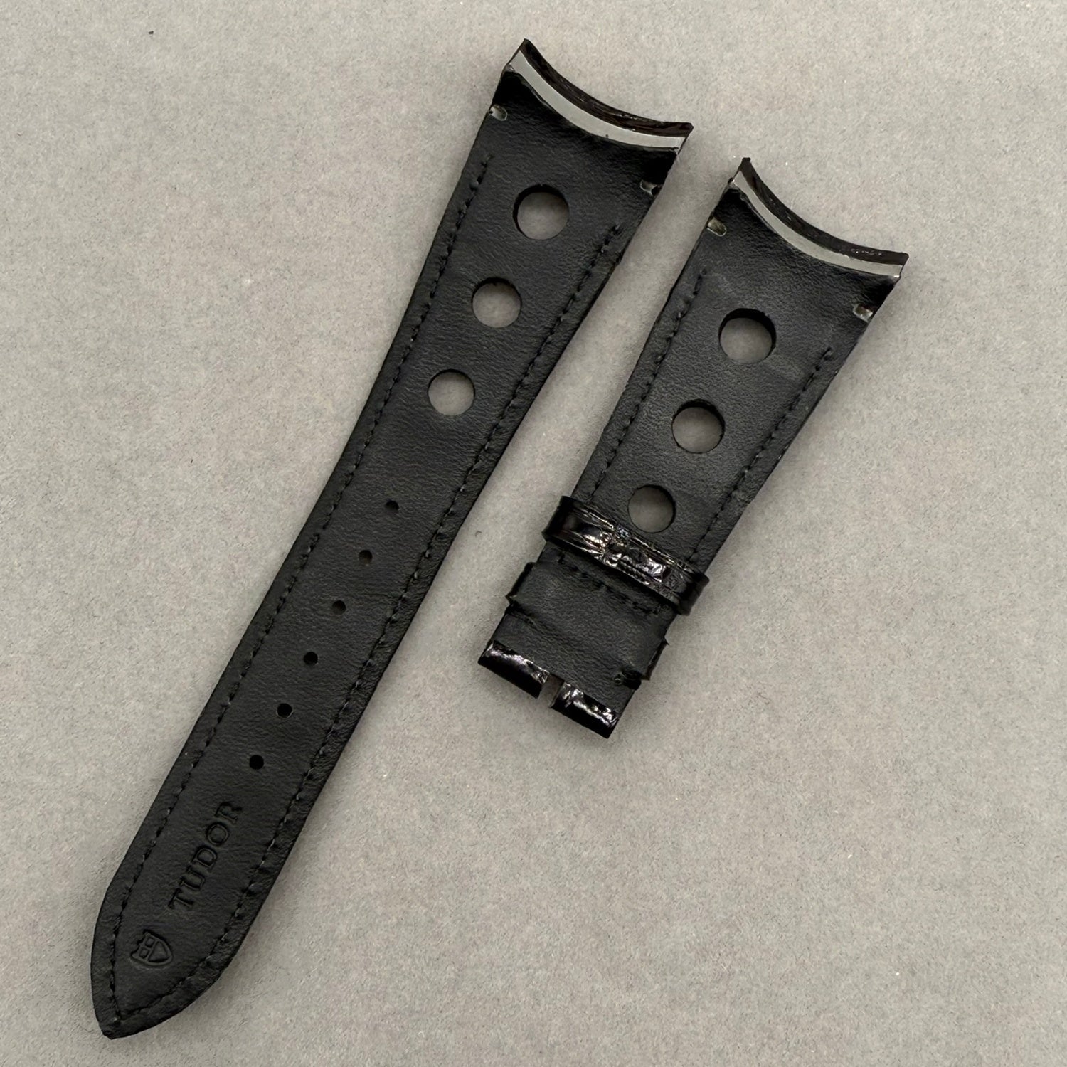Alligator Leather Watch Strap for Tudor 20550N Series - Handmade Custom Polished Black Perforated Genuine Alligator Leather Strap