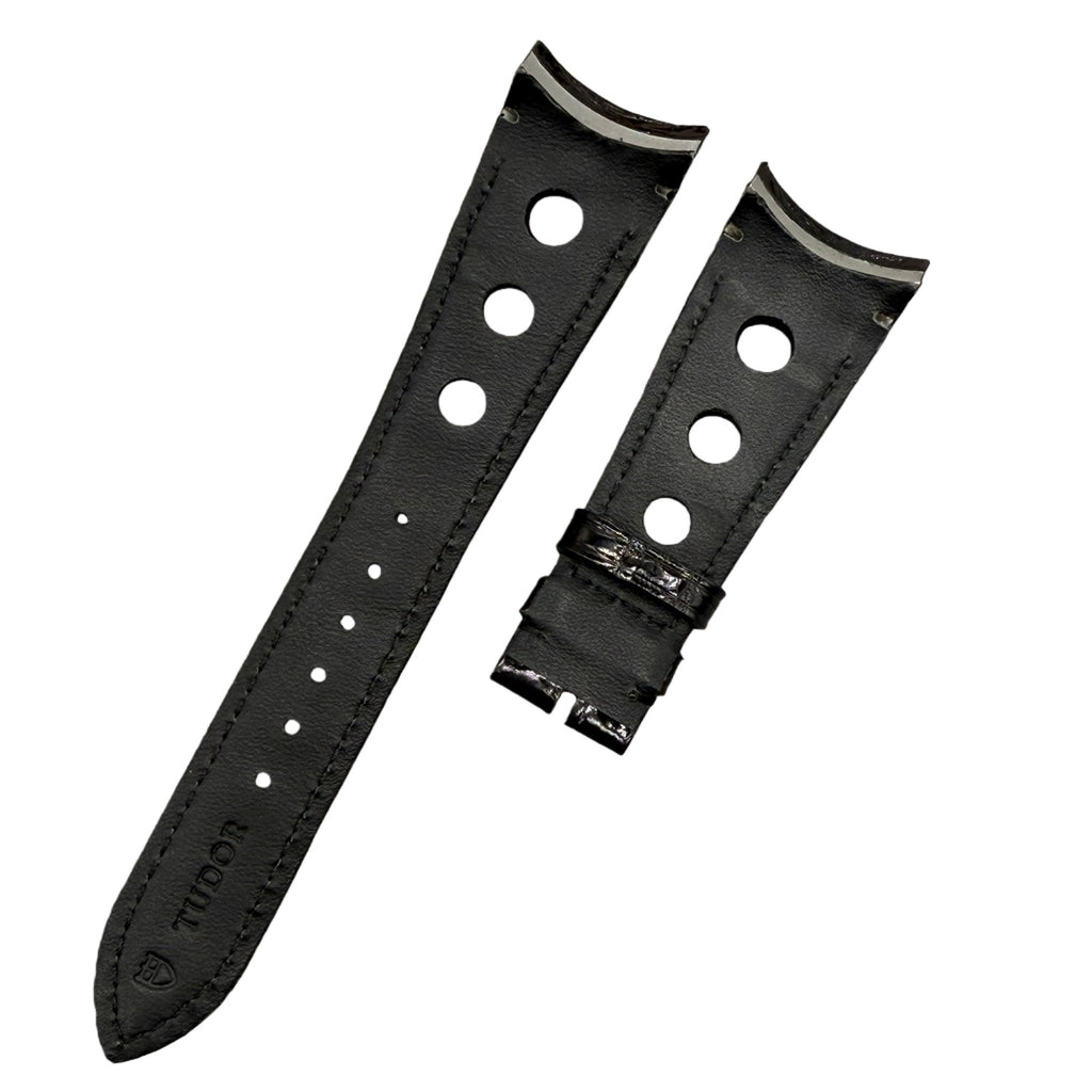 Alligator Leather Watch Strap for Tudor 20550N Series - Handmade Custom Polished Black Perforated Genuine Alligator Leather Strap