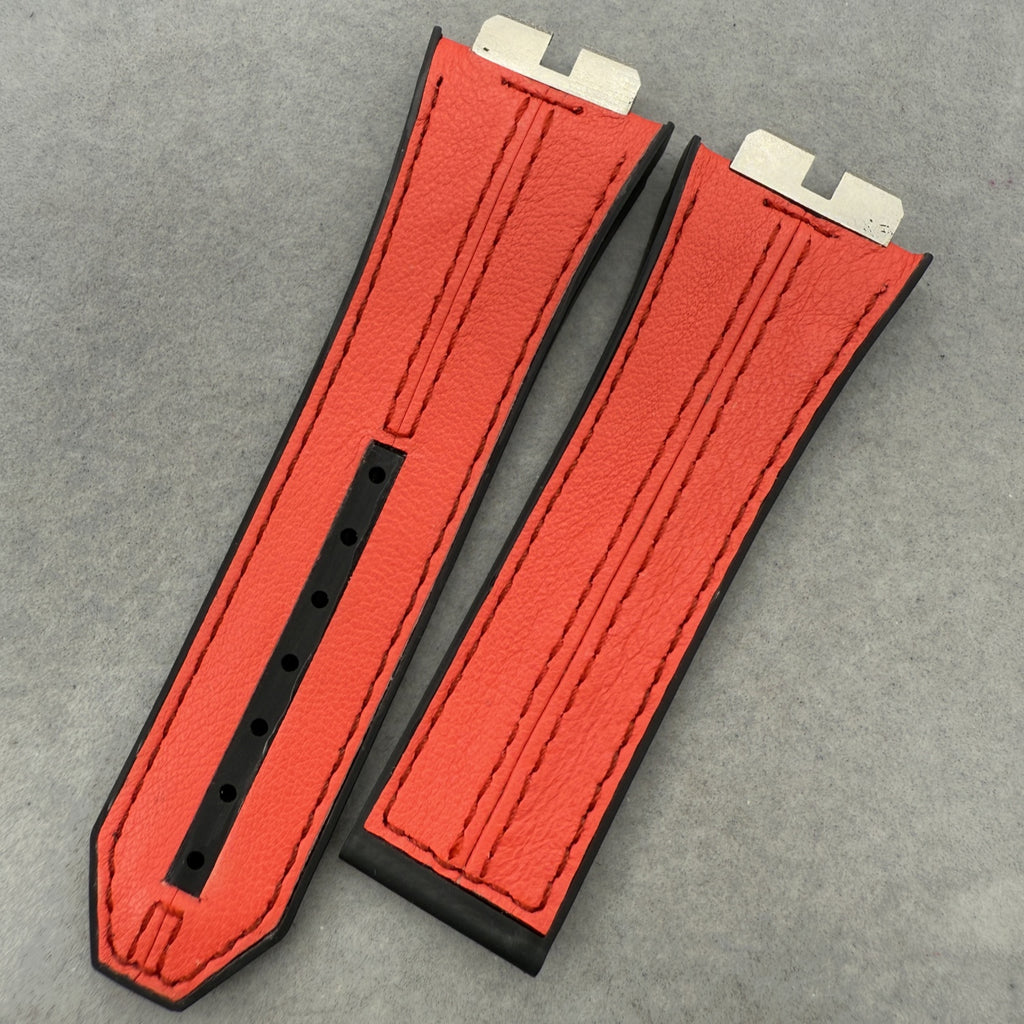 Handcrafted Custom Strap for Hublot 411 - Black Plain Cowhide with Red Hand-Sewn Rubber Inlay