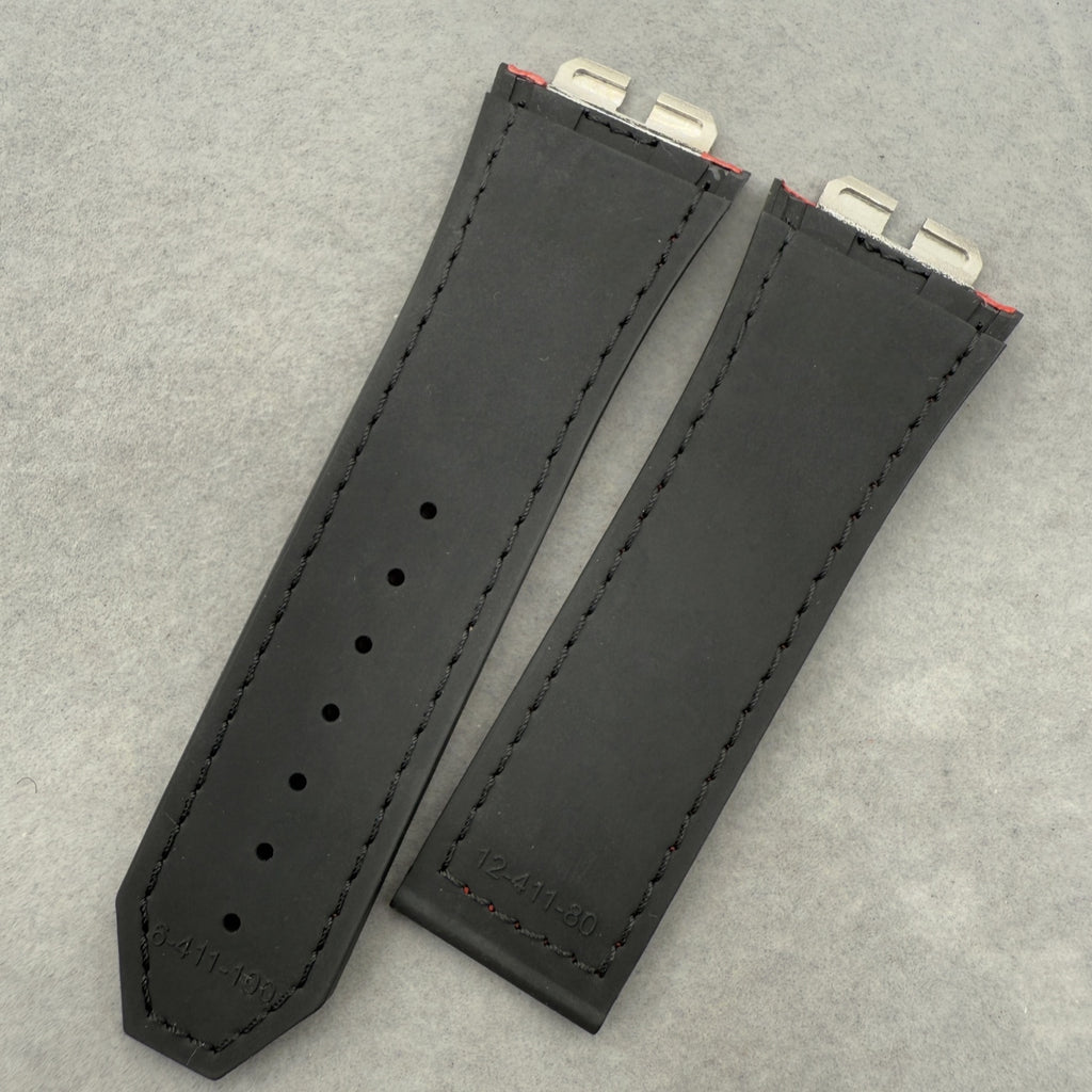 Handcrafted Custom Strap for Hublot 411 - Black Plain Cowhide with Red Hand-Sewn Rubber Inlay