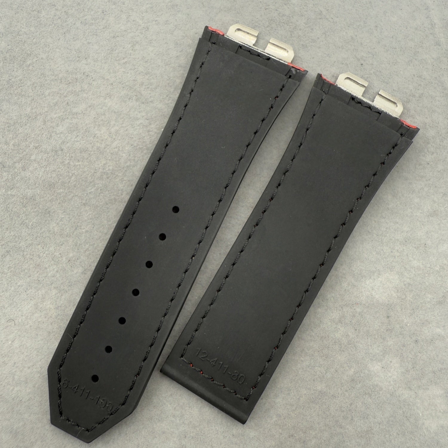 Handcrafted Custom Strap for Hublot 411 - Black Plain Cowhide with Red Hand-Sewn Rubber Inlay