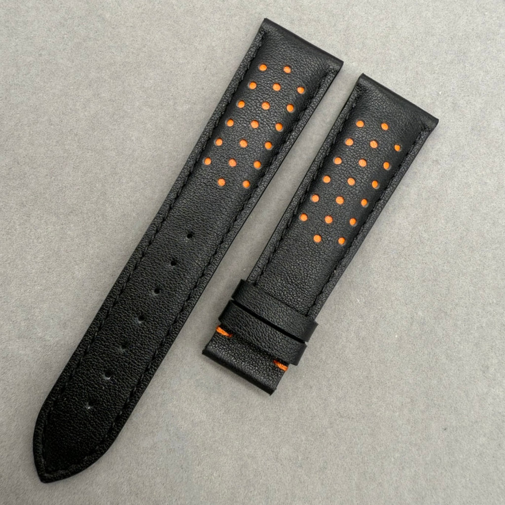 Handcrafted Custom Black Plain Cowhide & Orange Perforated Leather Watch Strap for Omega Speedmaster Limited Edition - Black & Orange
