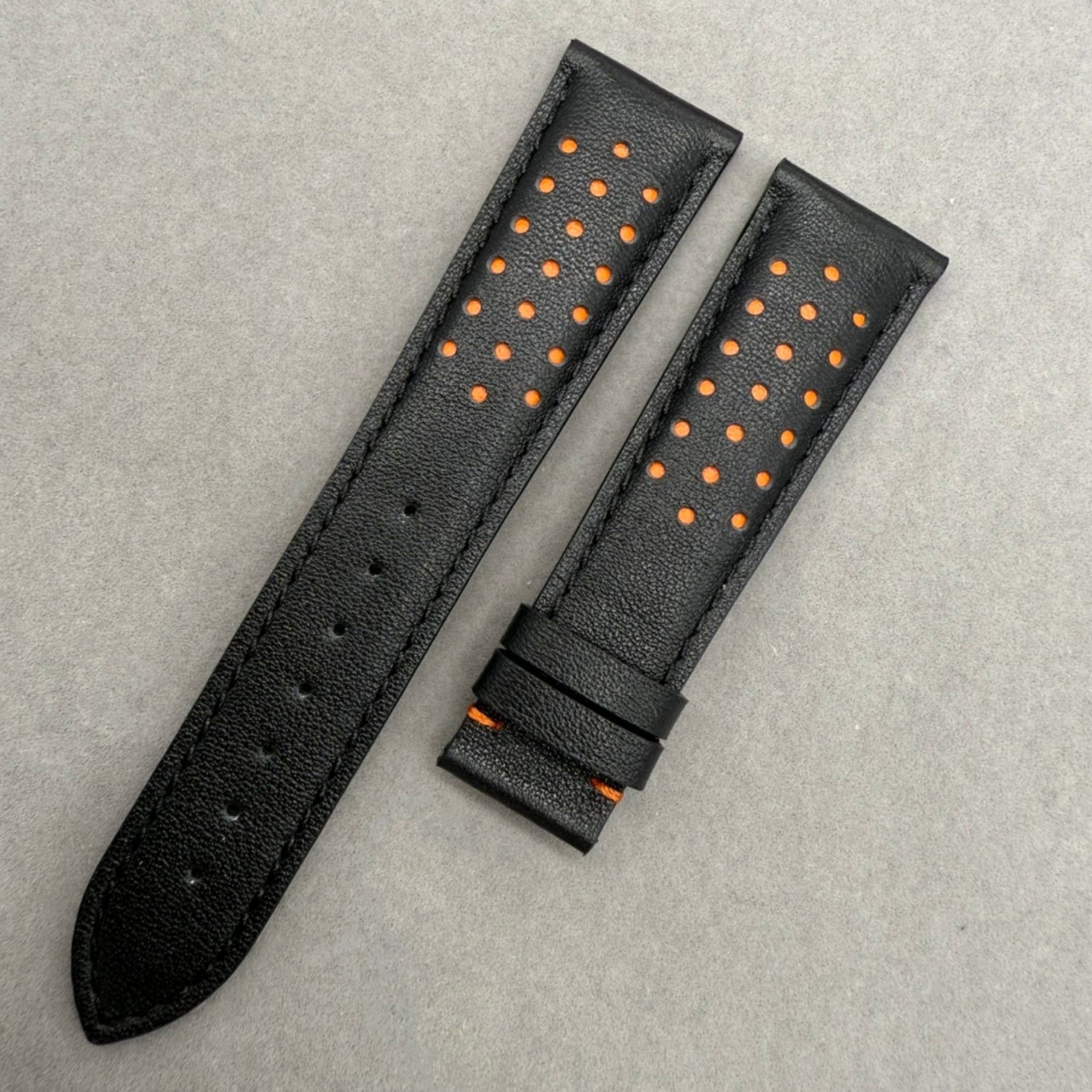 Handcrafted Custom Black Plain Cowhide & Orange Perforated Leather Watch Strap for Omega Speedmaster Limited Edition - Black & Orange