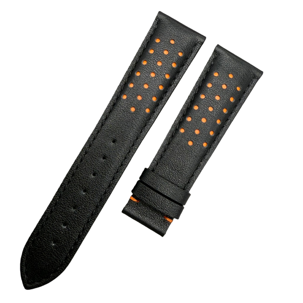 Handcrafted Custom Black Plain Cowhide & Orange Perforated Leather Watch Strap for Omega Speedmaster Limited Edition - Black & Orange