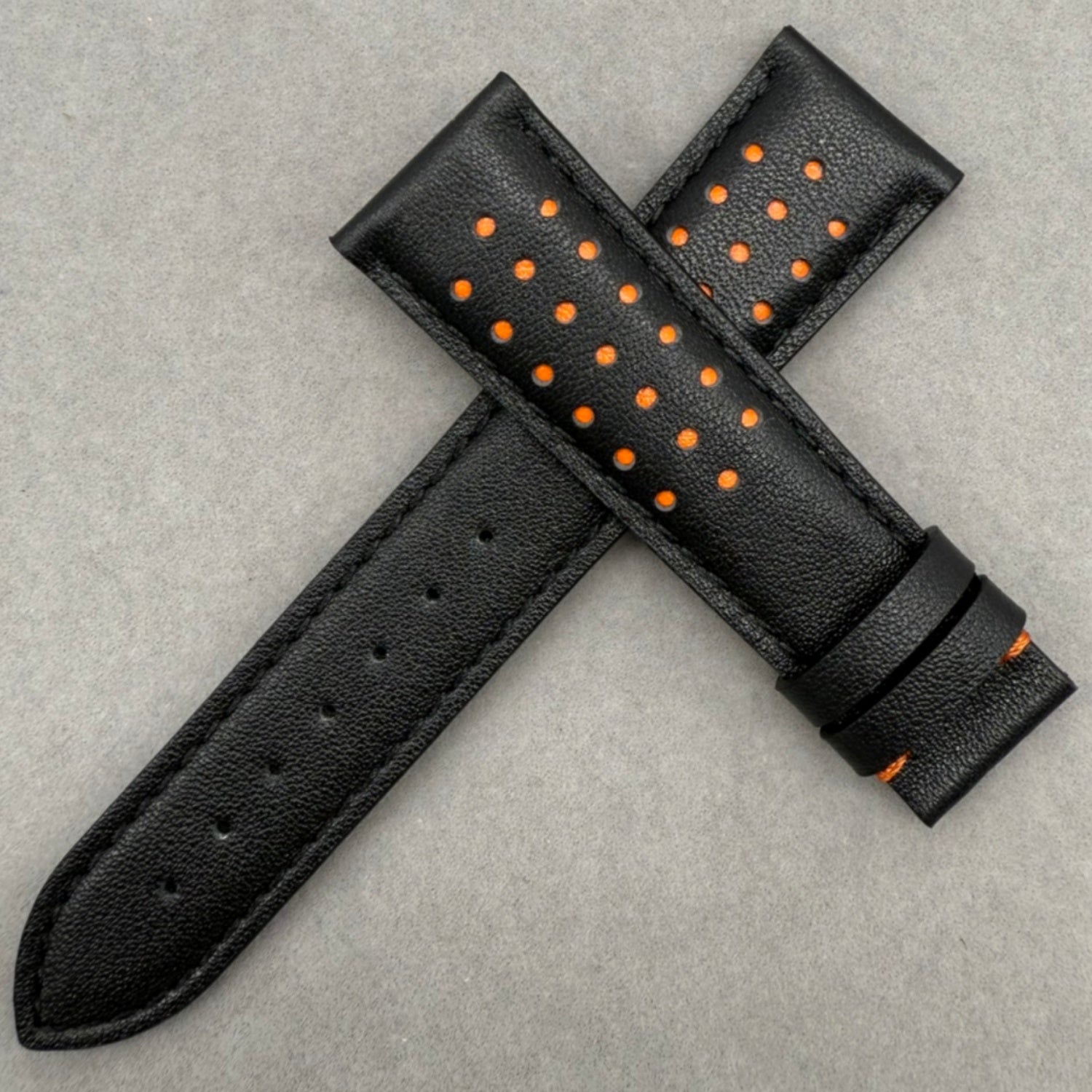 Handcrafted Custom Black Plain Cowhide & Orange Perforated Leather Watch Strap for Omega Speedmaster Limited Edition - Black & Orange