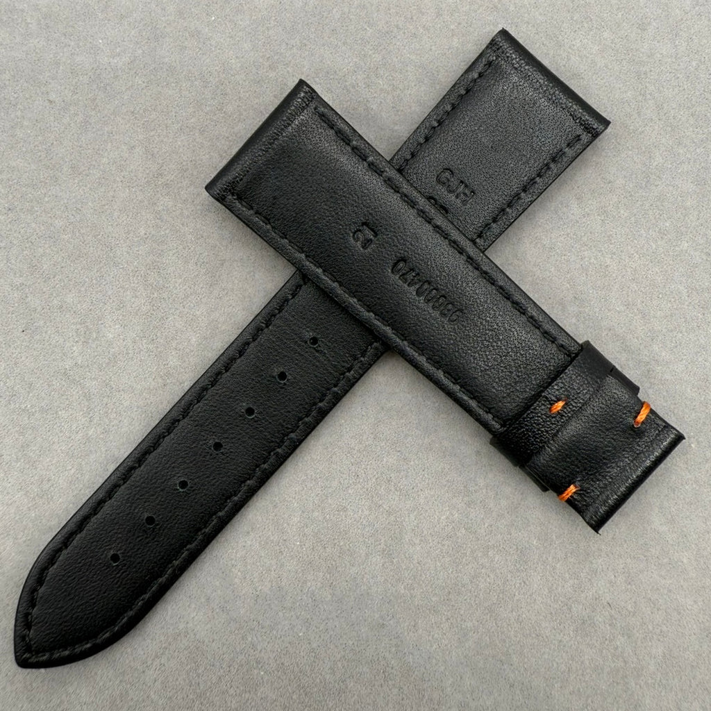Handcrafted Custom Black Plain Cowhide & Orange Perforated Leather Watch Strap for Omega Speedmaster Limited Edition - Black & Orange