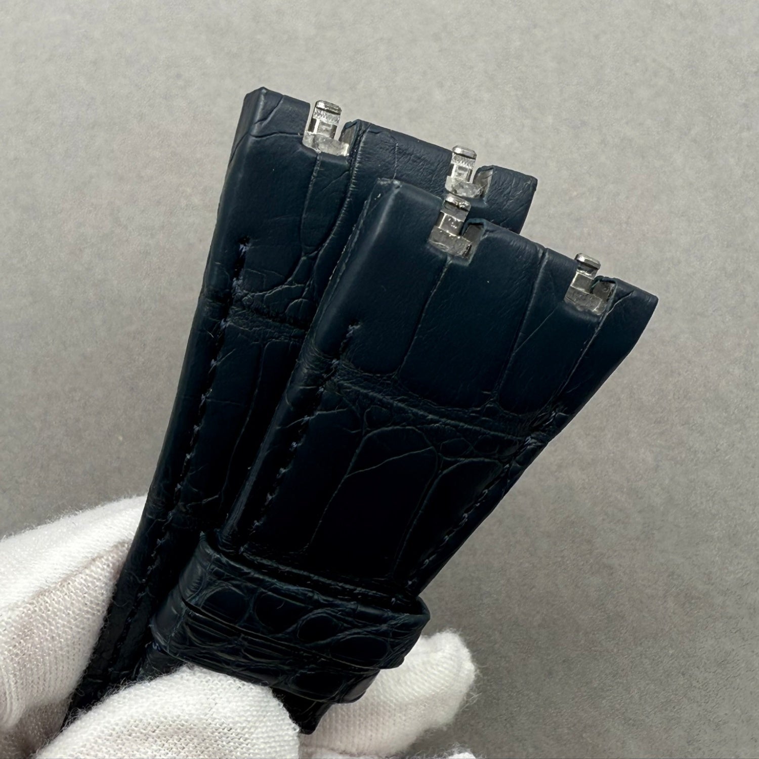 Handcrafted Double-Sided Crocodile Leather Watch Strap in Deep Blue, Custom-Fit for Audemars Piguet Royal Oak 15400 Series