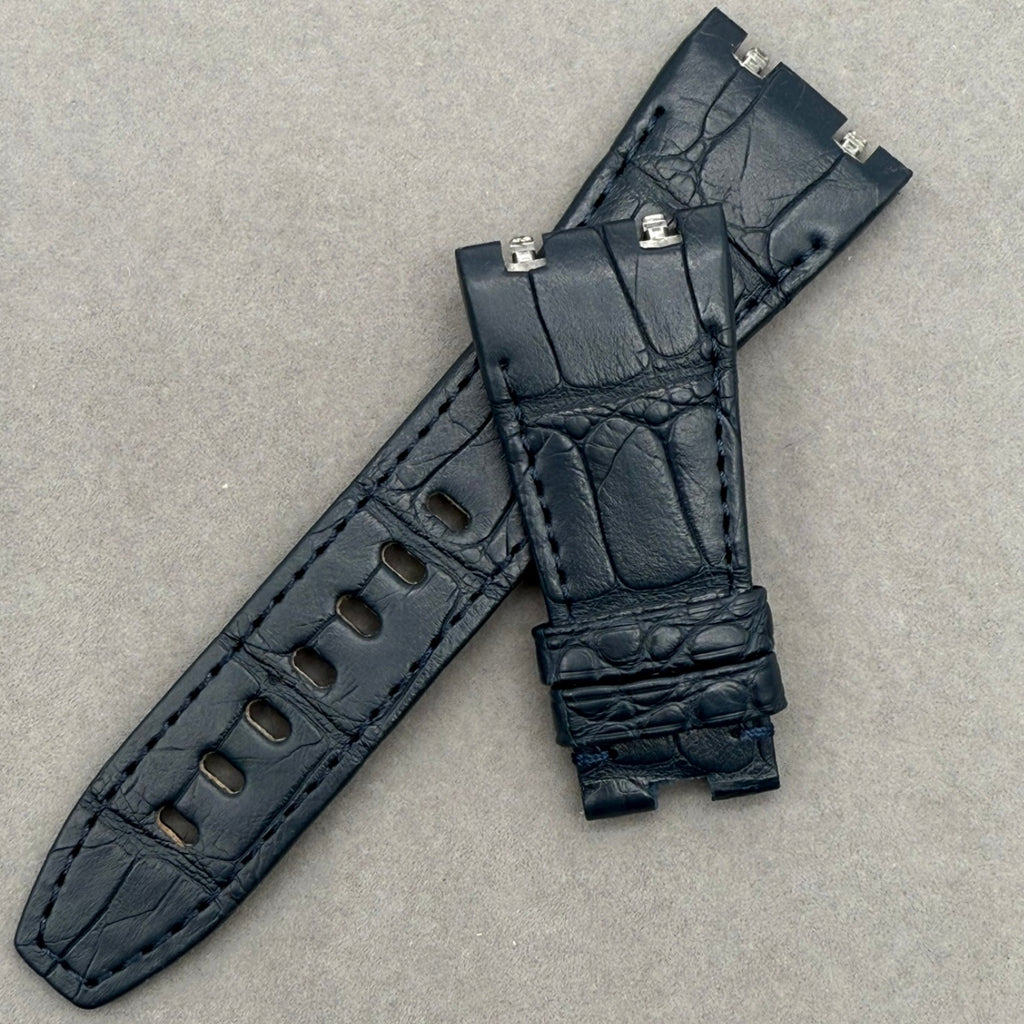 Handcrafted Double-Sided Crocodile Leather Watch Strap in Deep Blue, Custom-Fit for Audemars Piguet Royal Oak 15400 Series