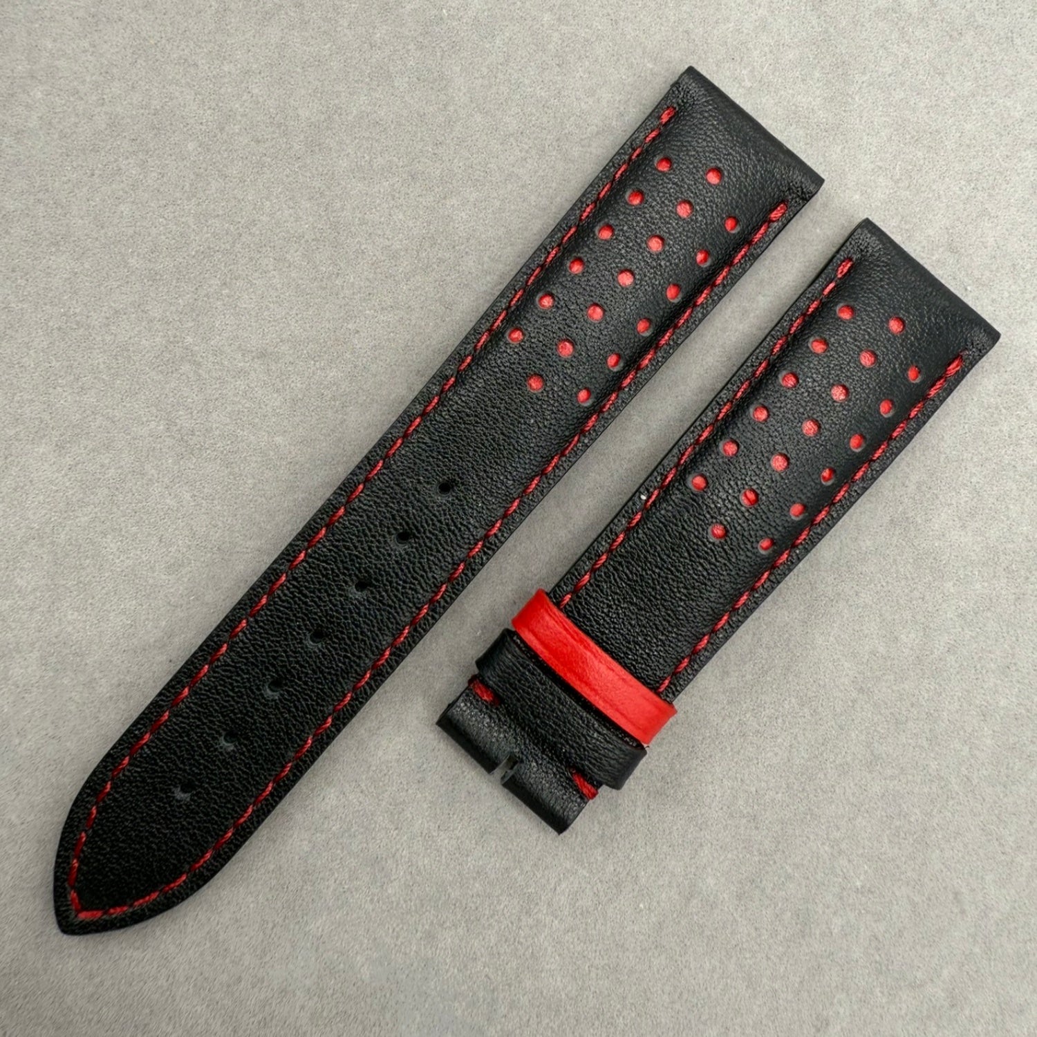 Handcrafted Custom Black Plain Cowhide & Red Perforated Leather Watch Strap for Omega Speedmaster Limited Edition - Black & Red