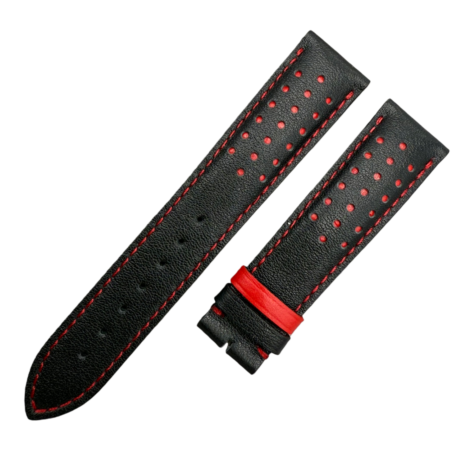 Handcrafted Custom Black Plain Cowhide & Red Perforated Leather Watch Strap for Omega Speedmaster Limited Edition - Black & Red