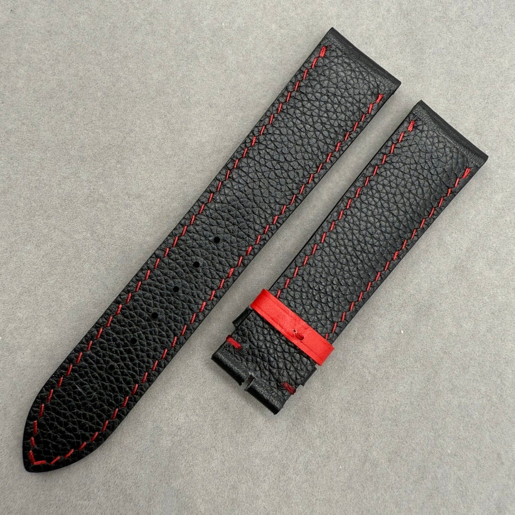 Handcrafted Custom Black Plain Cowhide & Red Perforated Leather Watch Strap for Omega Speedmaster Limited Edition - Black & Red