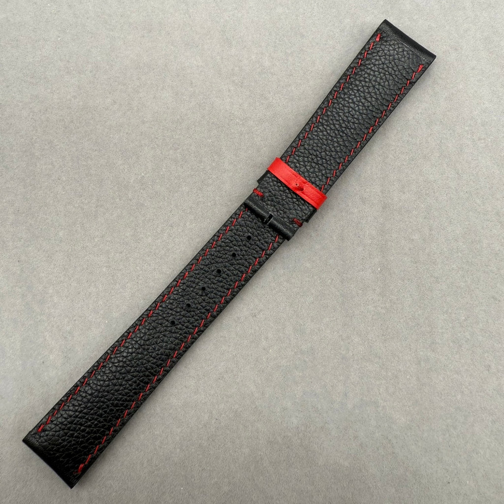Handcrafted Custom Black Plain Cowhide & Red Perforated Leather Watch Strap for Omega Speedmaster Limited Edition - Black & Red