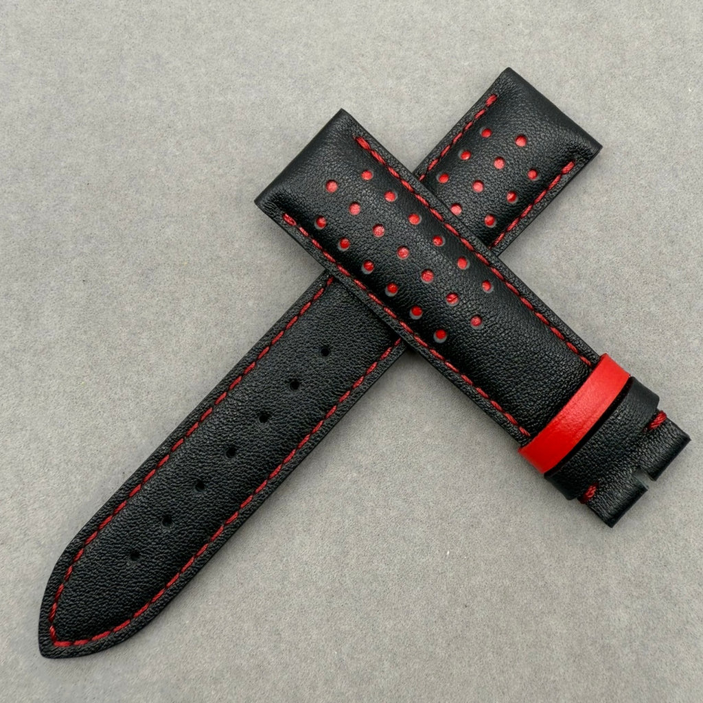 Handcrafted Custom Black Plain Cowhide & Red Perforated Leather Watch Strap for Omega Speedmaster Limited Edition - Black & Red