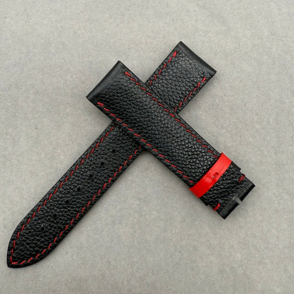 Handcrafted Custom Black Plain Cowhide & Red Perforated Leather Watch Strap for Omega Speedmaster Limited Edition - Black & Red