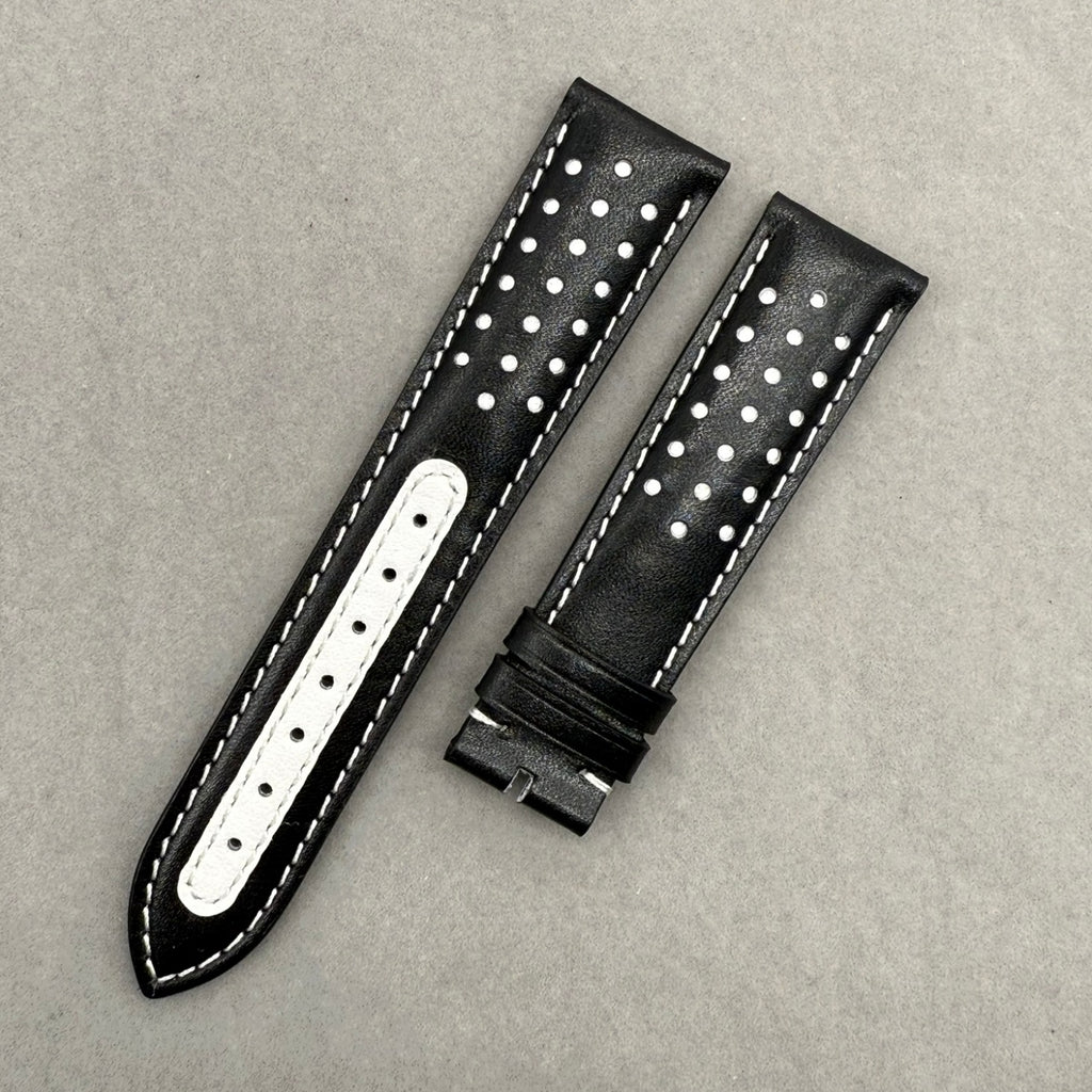 Handcrafted Custom Black Plain Cowhide Watch Strap with Yellow Perforations & Yellow Stitching for Omega