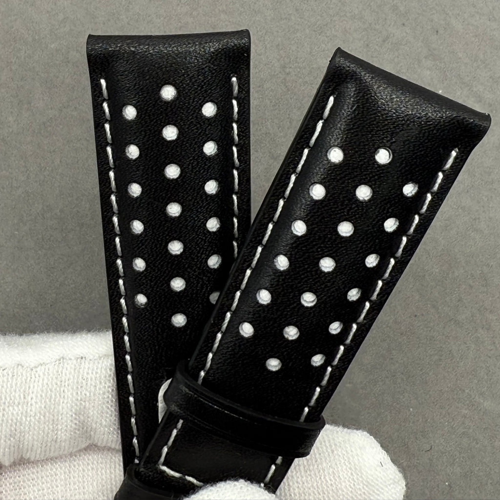 Handcrafted Custom Black Plain Cowhide Watch Strap with Yellow Perforations & Yellow Stitching for Omega