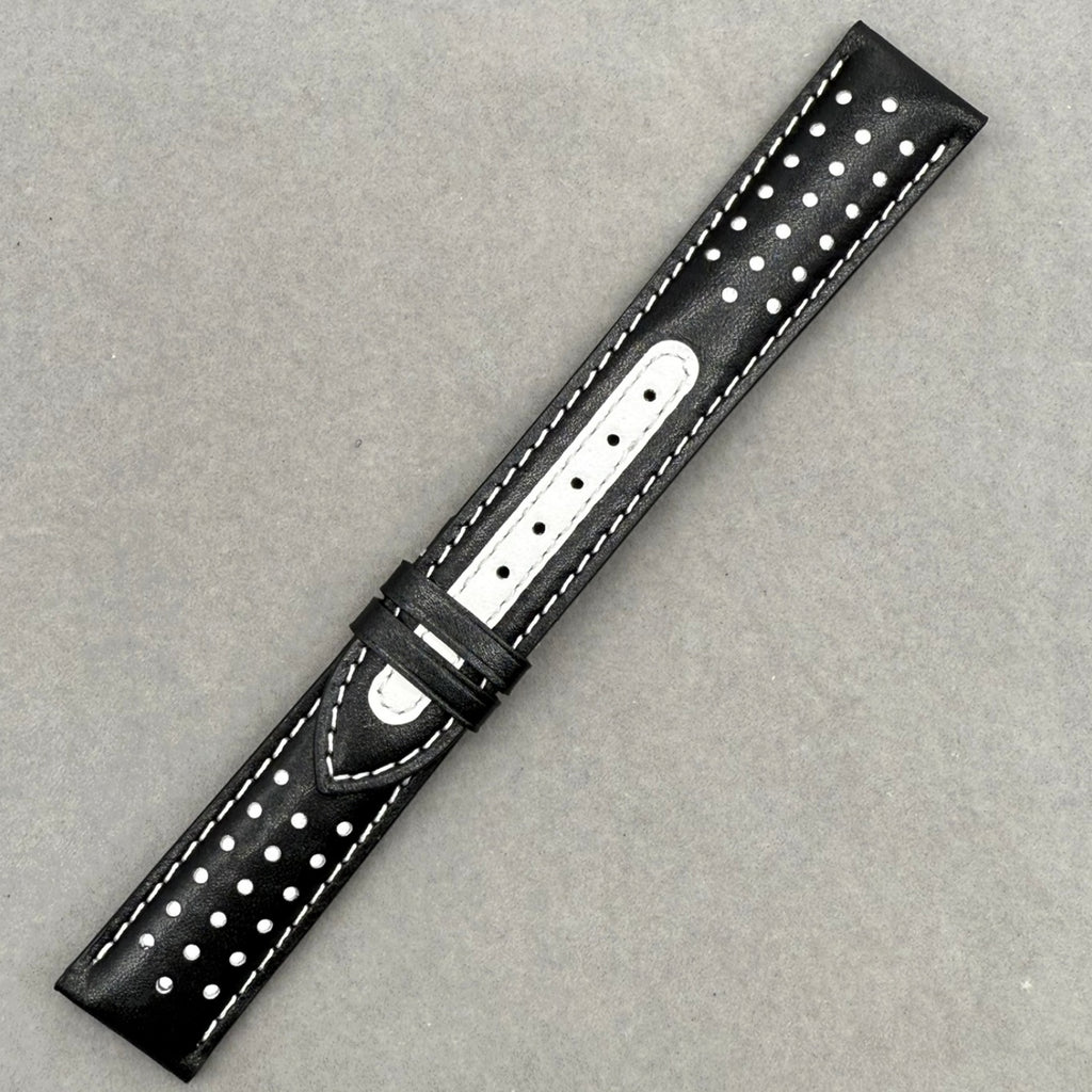Handcrafted Custom Black Plain Cowhide Watch Strap with Yellow Perforations & Yellow Stitching for Omega