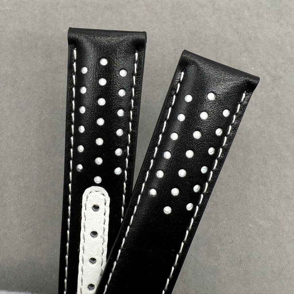 Handcrafted Custom Black Plain Cowhide Watch Strap with Yellow Perforations & Yellow Stitching for Omega