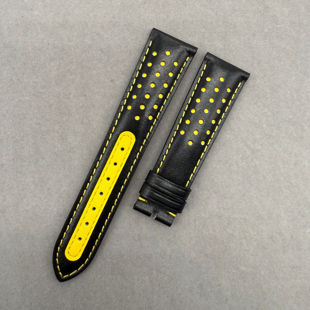 Handcrafted Custom Black Plain Cowhide Watch Strap with Yellow Perforations & Yellow Stitching for Omega