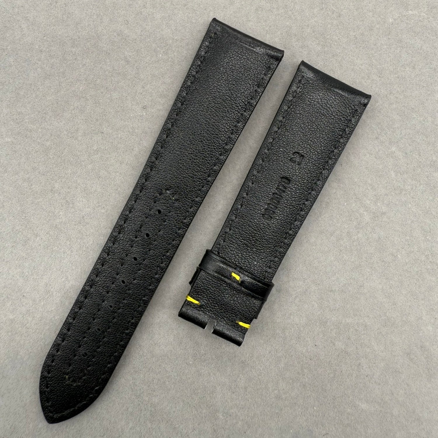 Handcrafted Custom Black Plain Cowhide Watch Strap with Yellow Perforations & Yellow Stitching for Omega