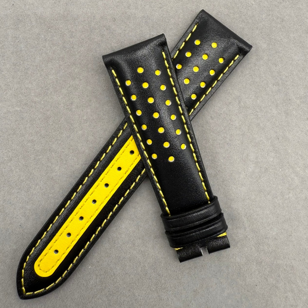 Handcrafted Custom Black Plain Cowhide Watch Strap with Yellow Perforations & Yellow Stitching for Omega