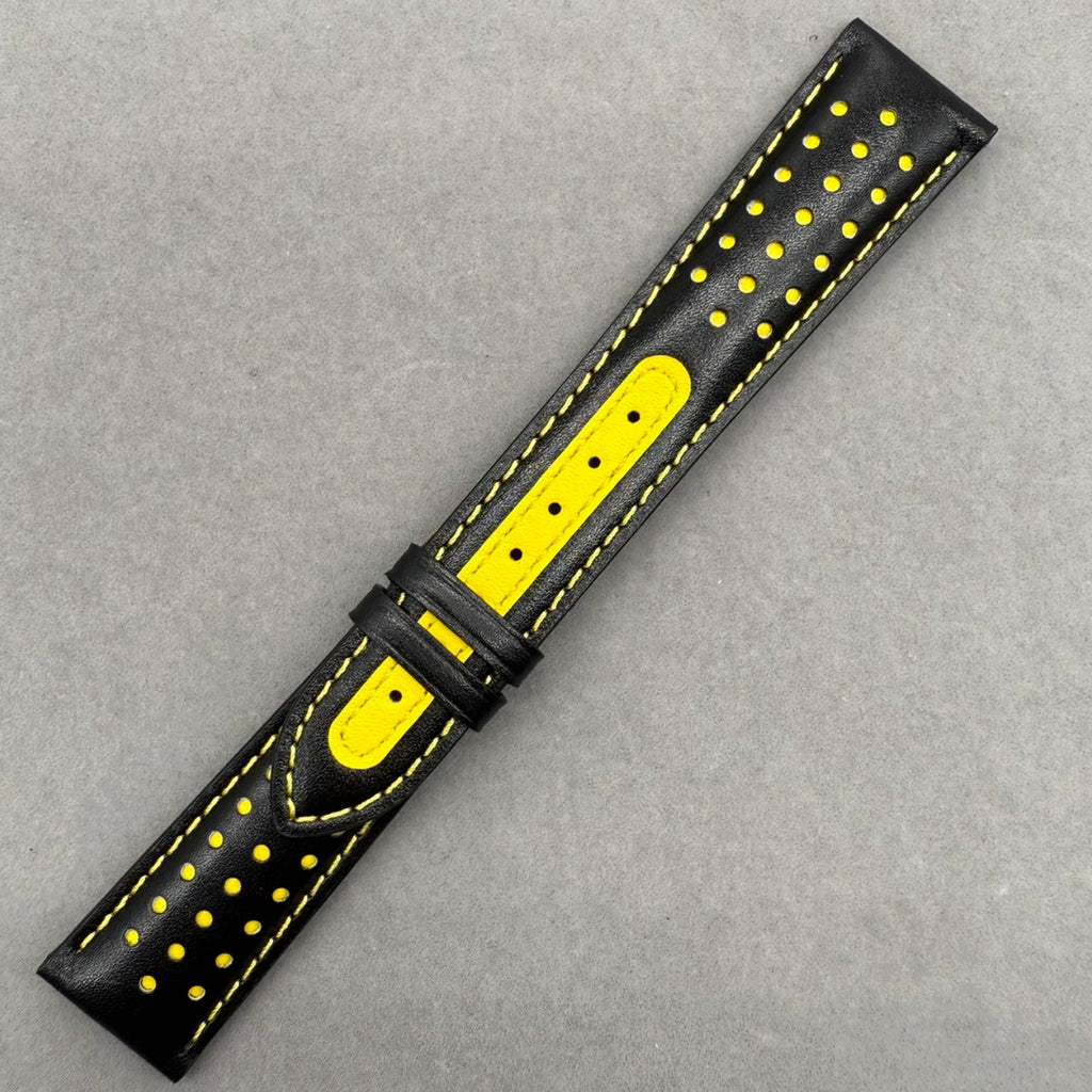 Handcrafted Custom Black Plain Cowhide Watch Strap with Yellow Perforations & Yellow Stitching for Omega